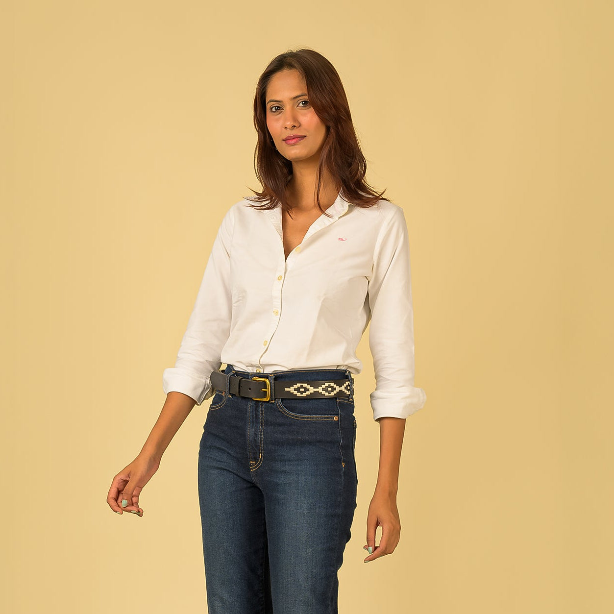 Black Leather Handmade Polo Inspired Belt with Woven Trim Gold Buckle