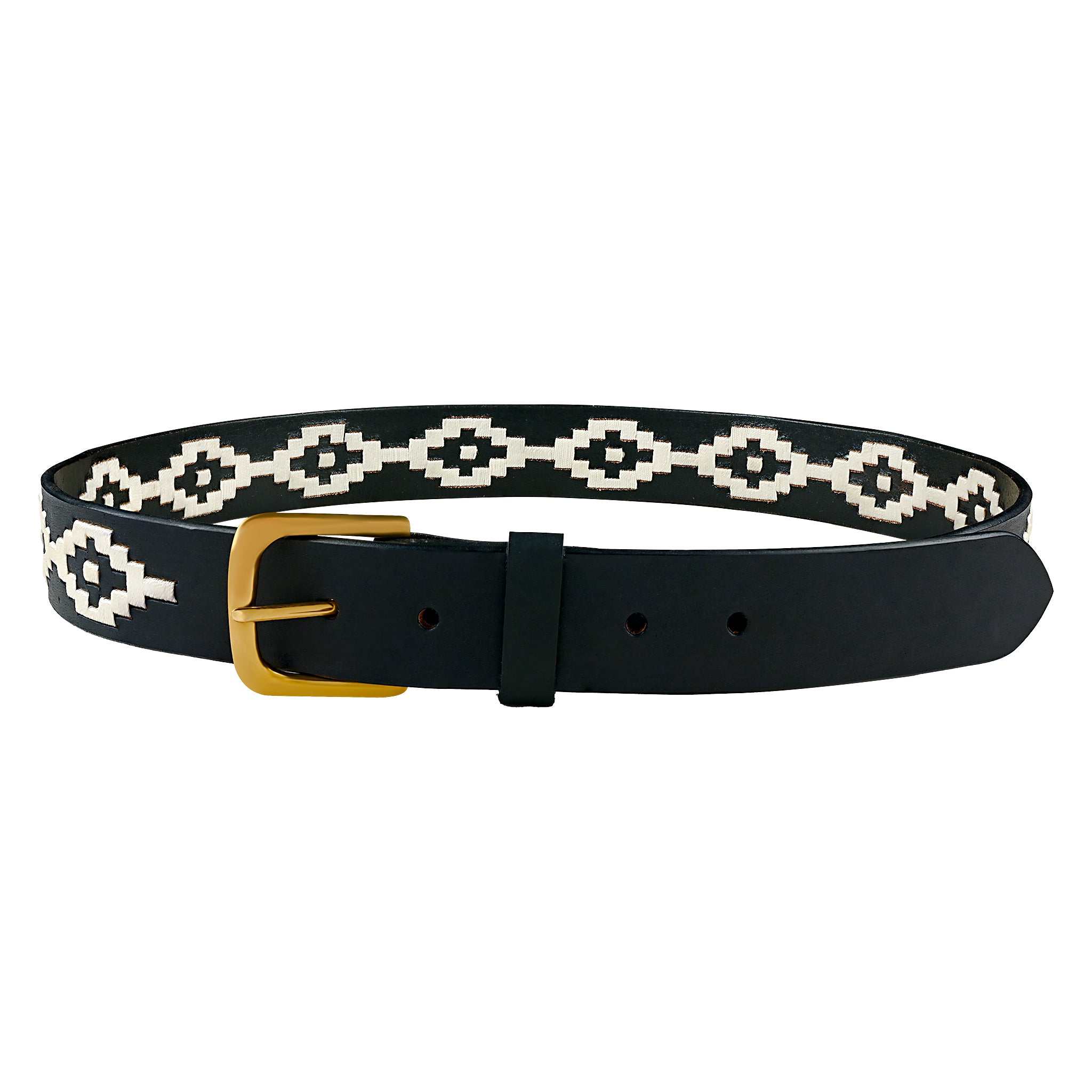 Black Leather Handmade Polo Inspired Belt with Woven Trim Gold Buckle