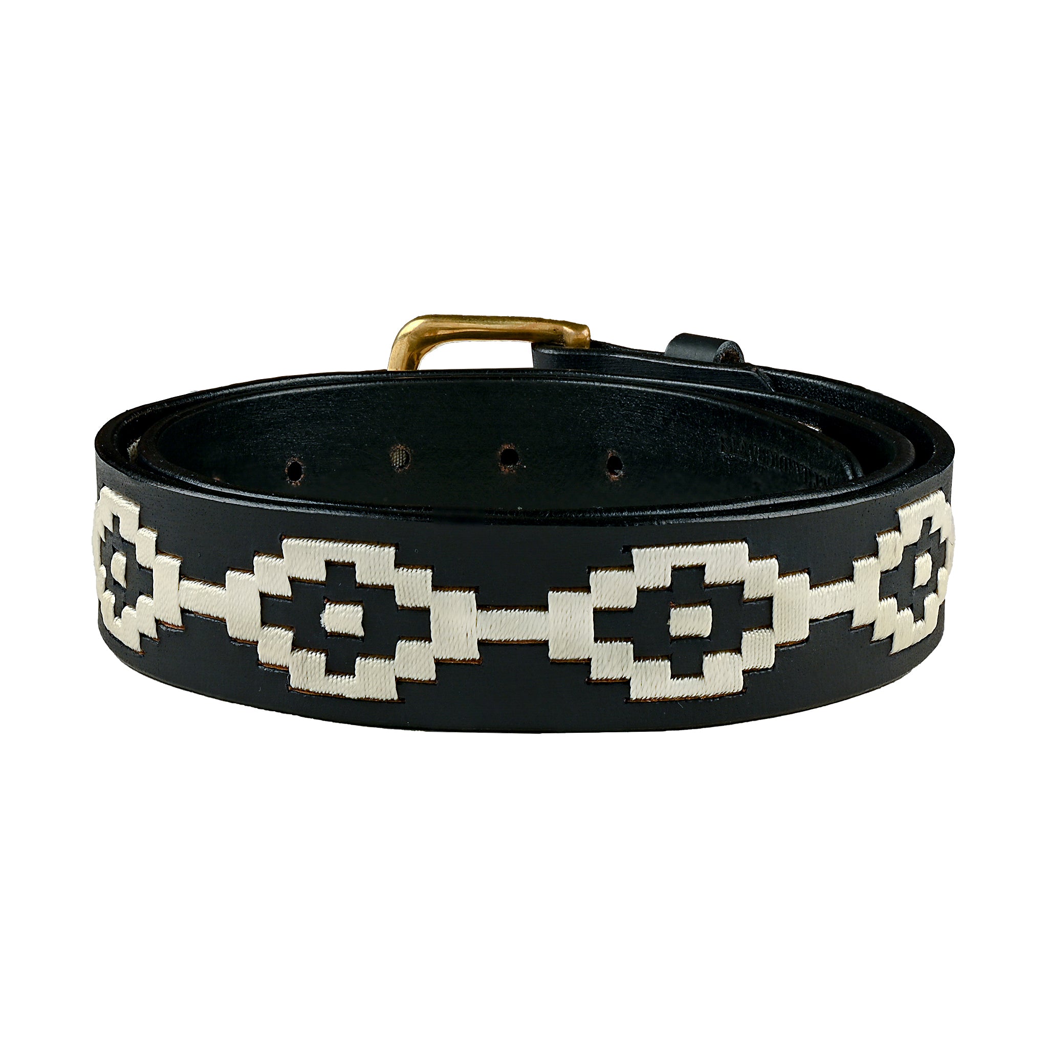 Black Leather Handmade Polo Inspired Belt with Woven Trim Gold Buckle