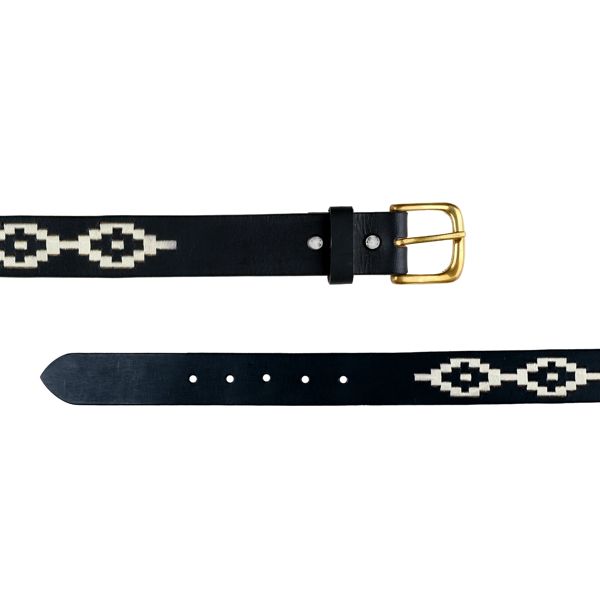 Black Leather Handmade Polo Inspired Belt with Woven Trim Gold Buckle