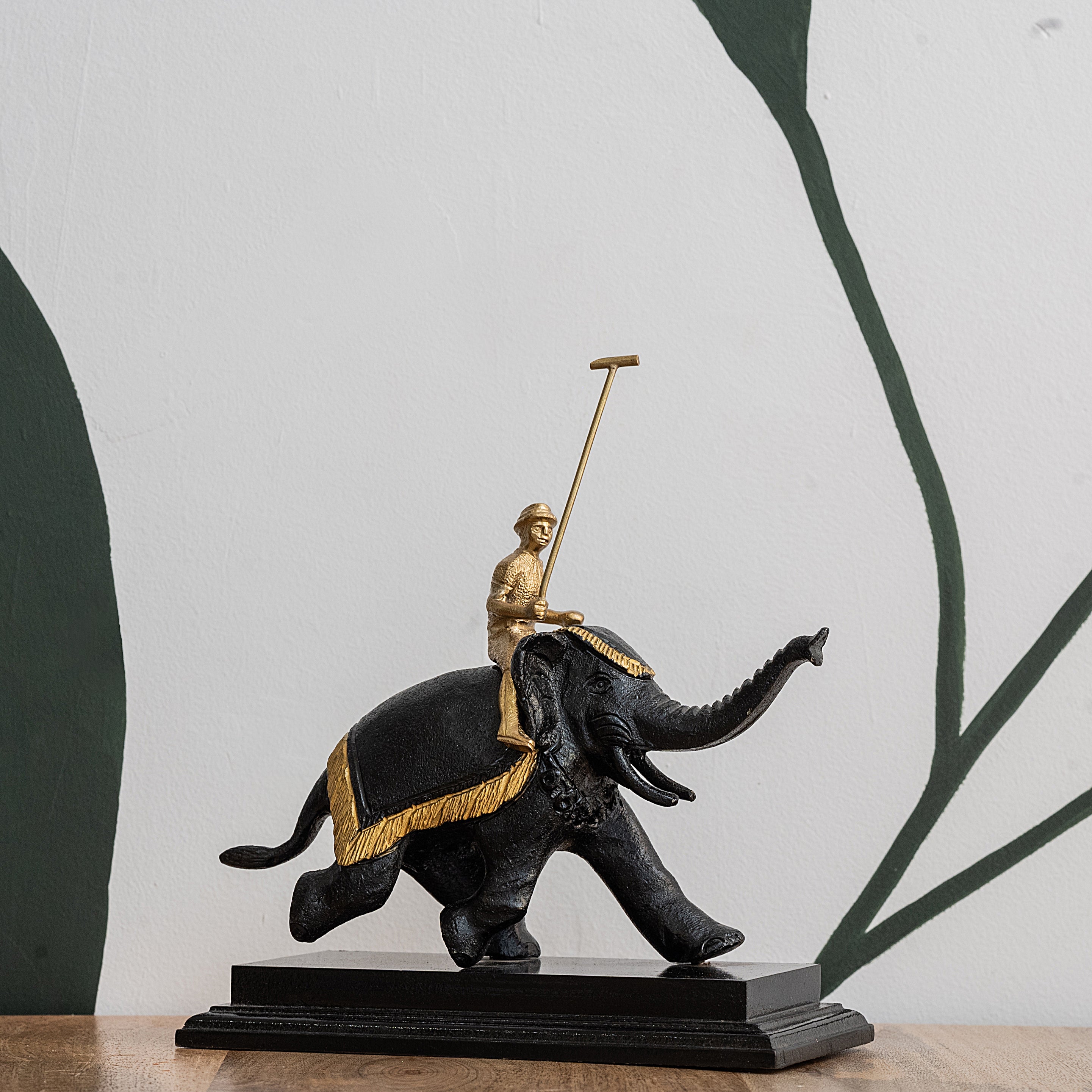 Black Elephant Polo Player Figurine with Wooden Base