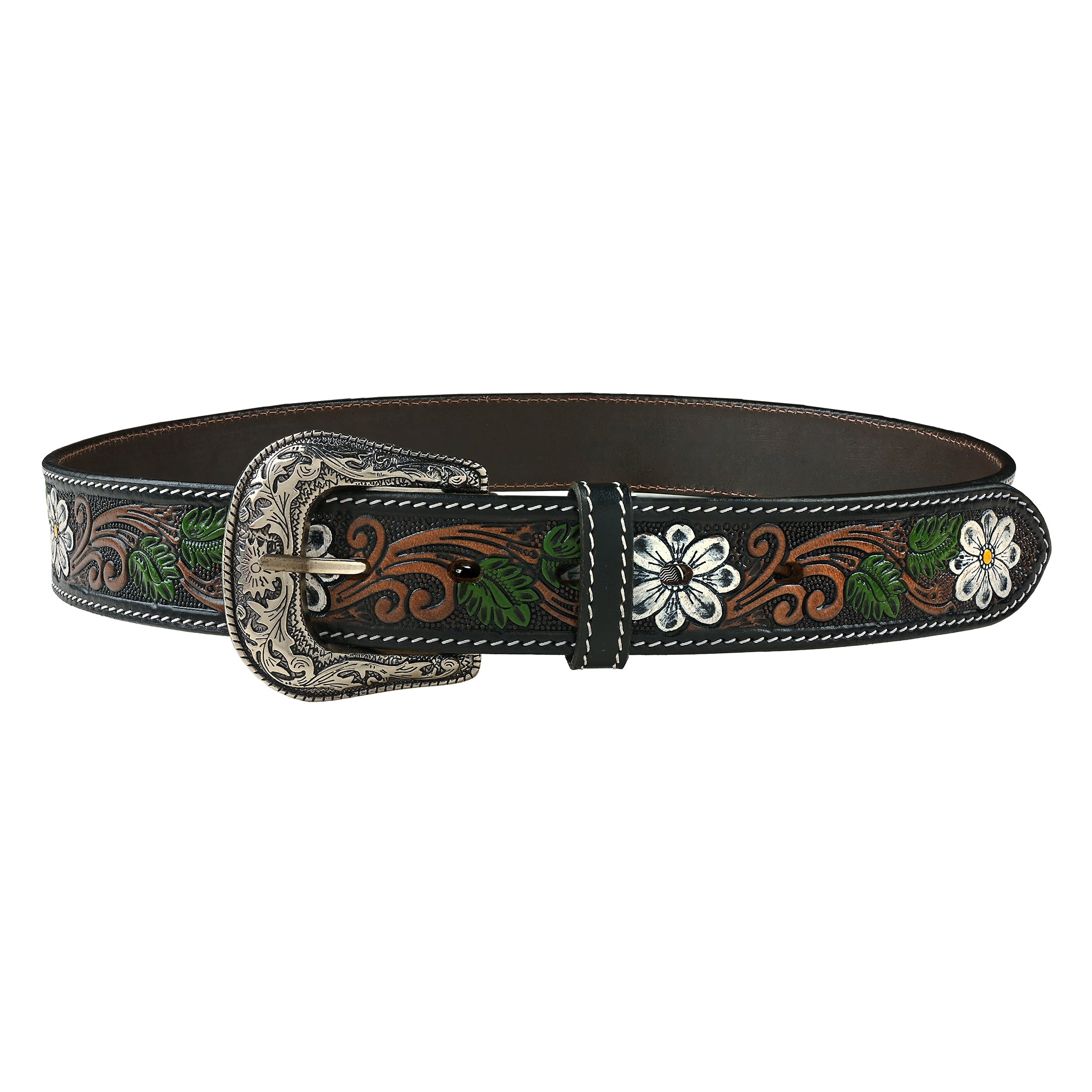 Handcrafted Boho Floral Leather Belt with Silver Buckle Western Women