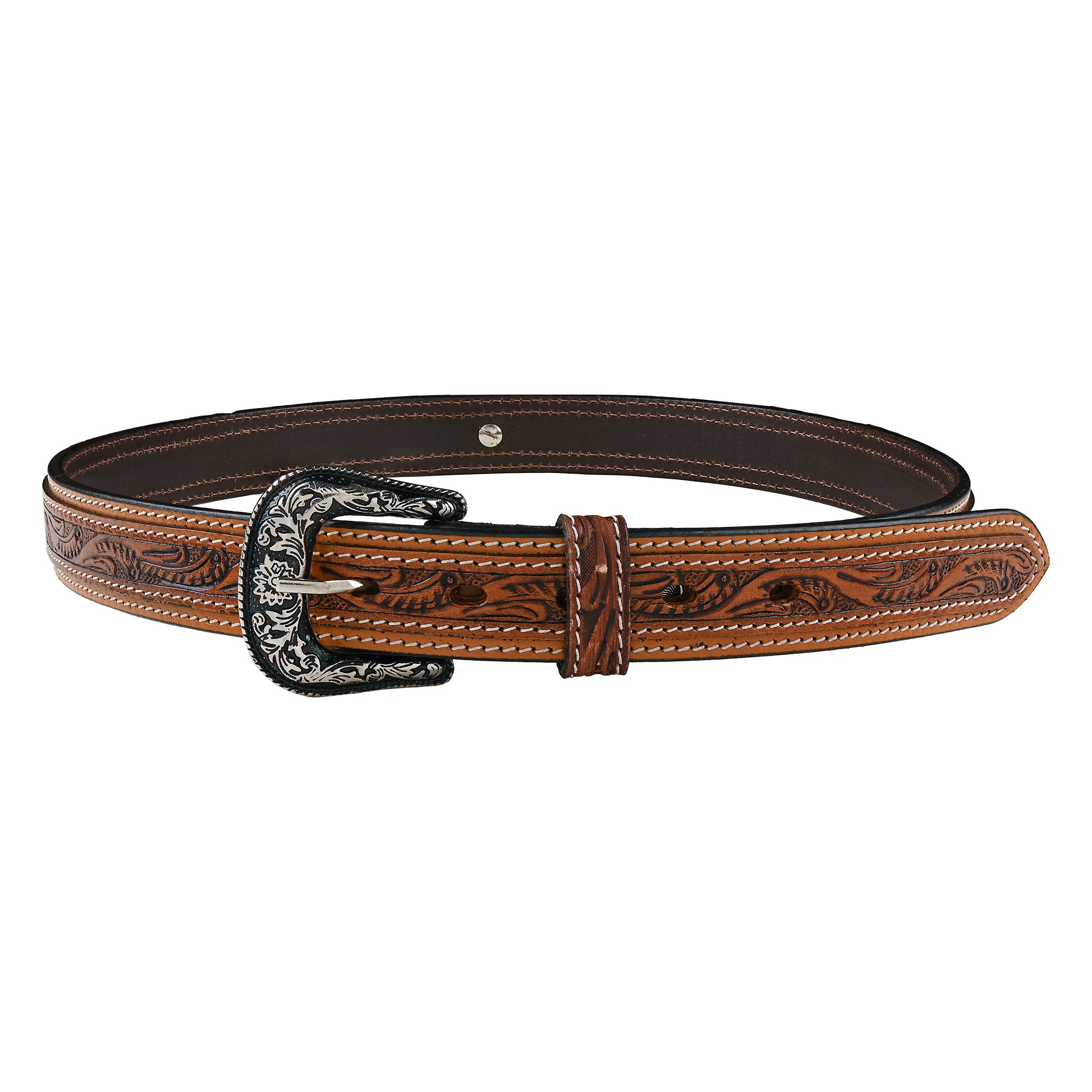 Women's Hand Tooled Tan Leather Belt Silver Floral Buckle Western