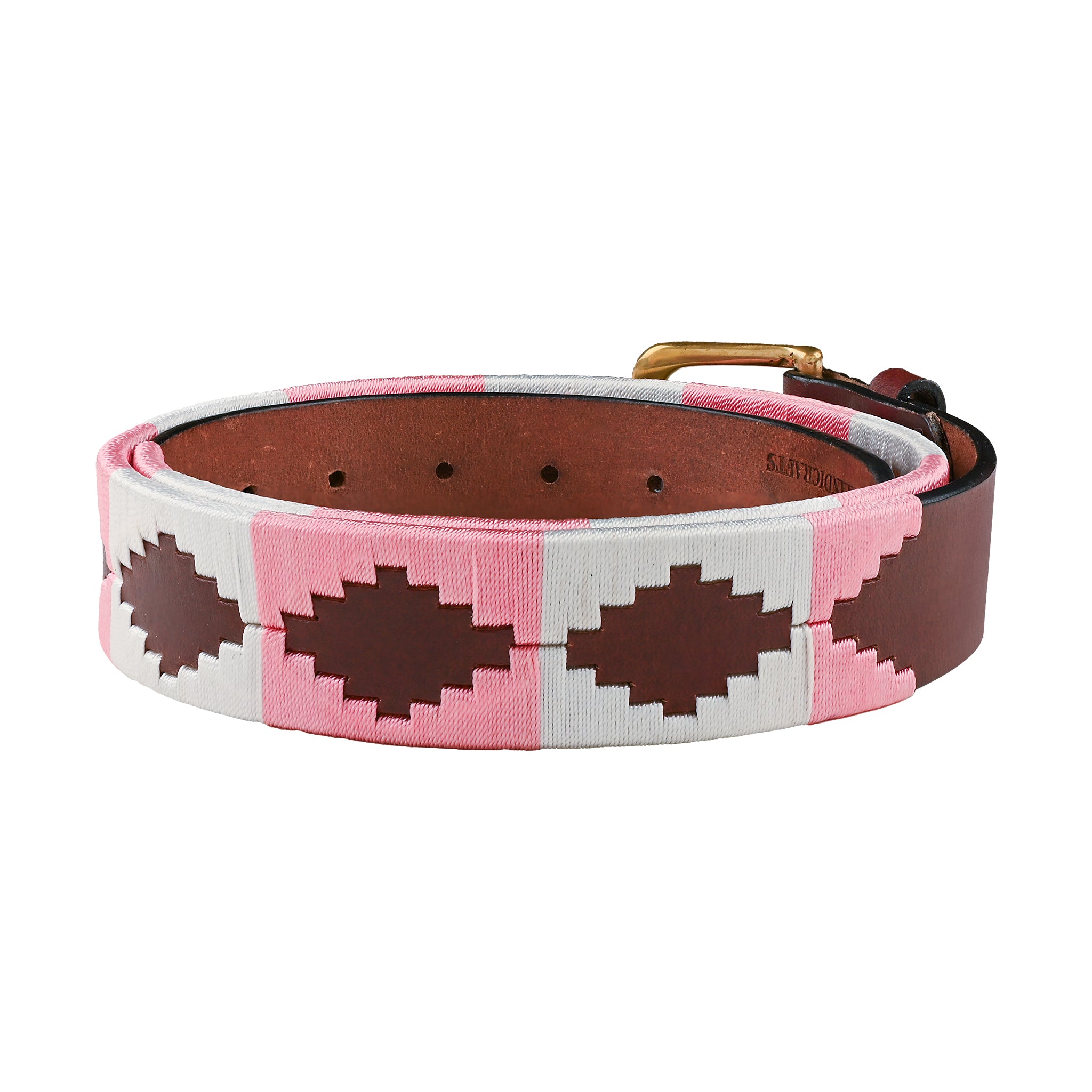 Handcrafted Argentinian Polo Woven Belt Pink Brown Diamond Pattern Brass