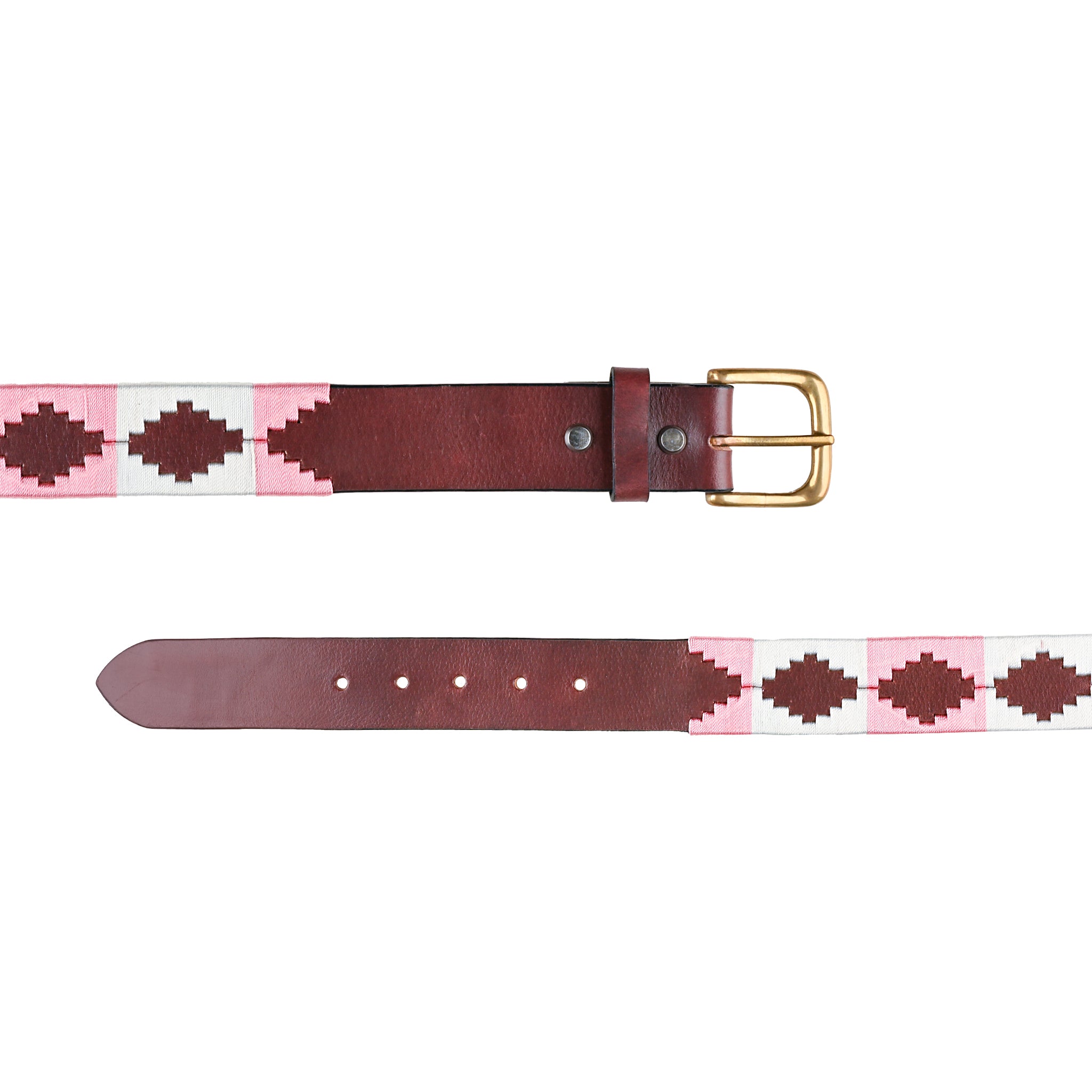 Handcrafted Argentinian Polo Woven Belt Pink Brown Diamond Pattern Brass