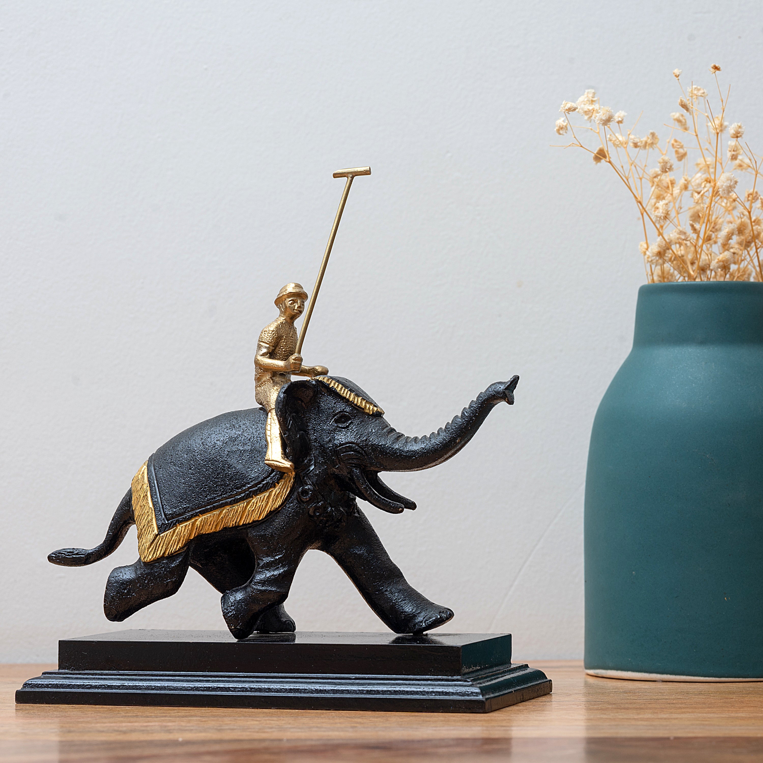 Black Elephant Polo Player Figurine with Wooden Base