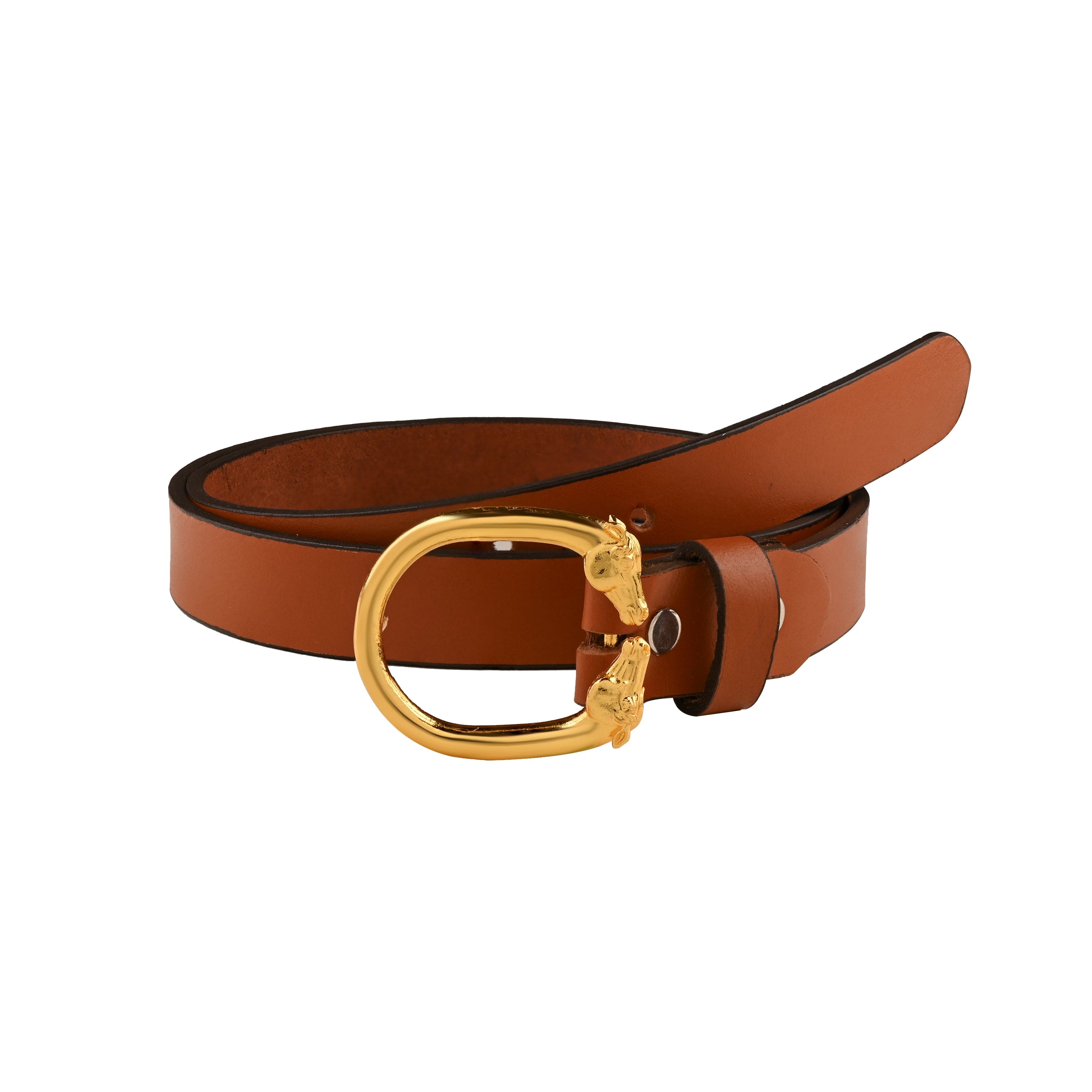 Vintage Leather Belt with Dual Horse Head Oval Gold Plated Buckle