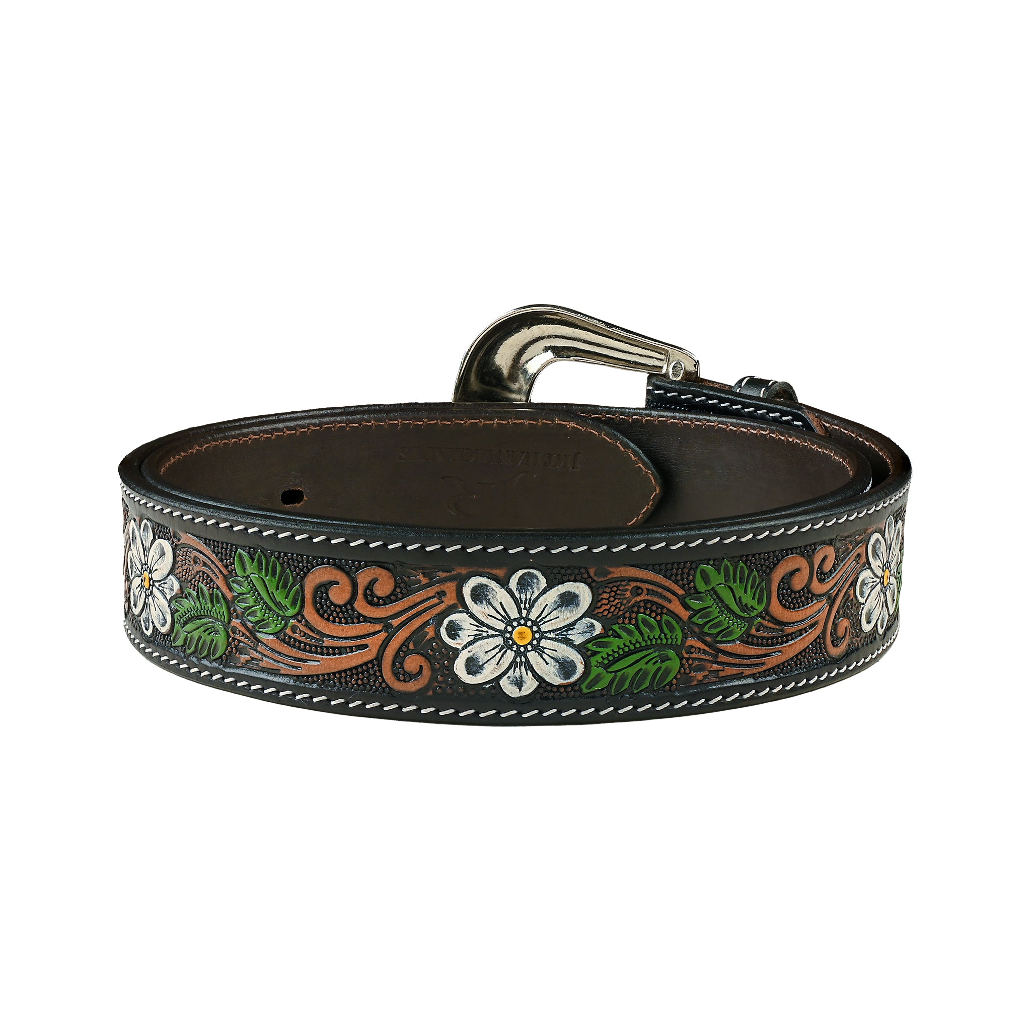 Handcrafted Boho Floral Leather Belt with Silver Buckle Western Women