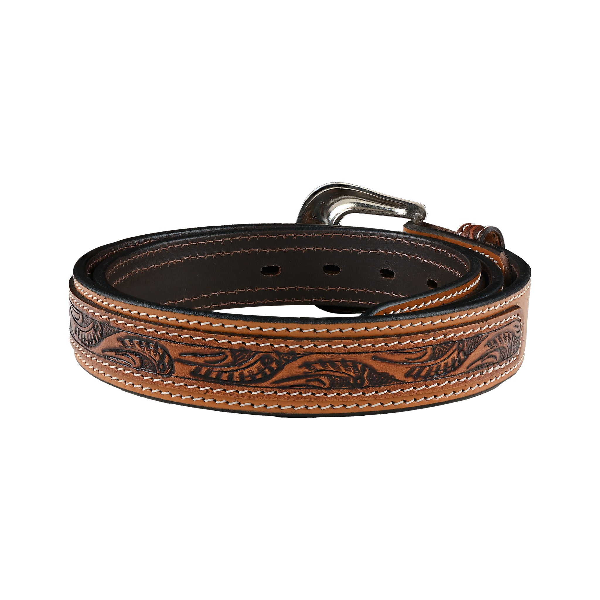 Women's Hand Tooled Tan Leather Belt Silver Floral Buckle Western