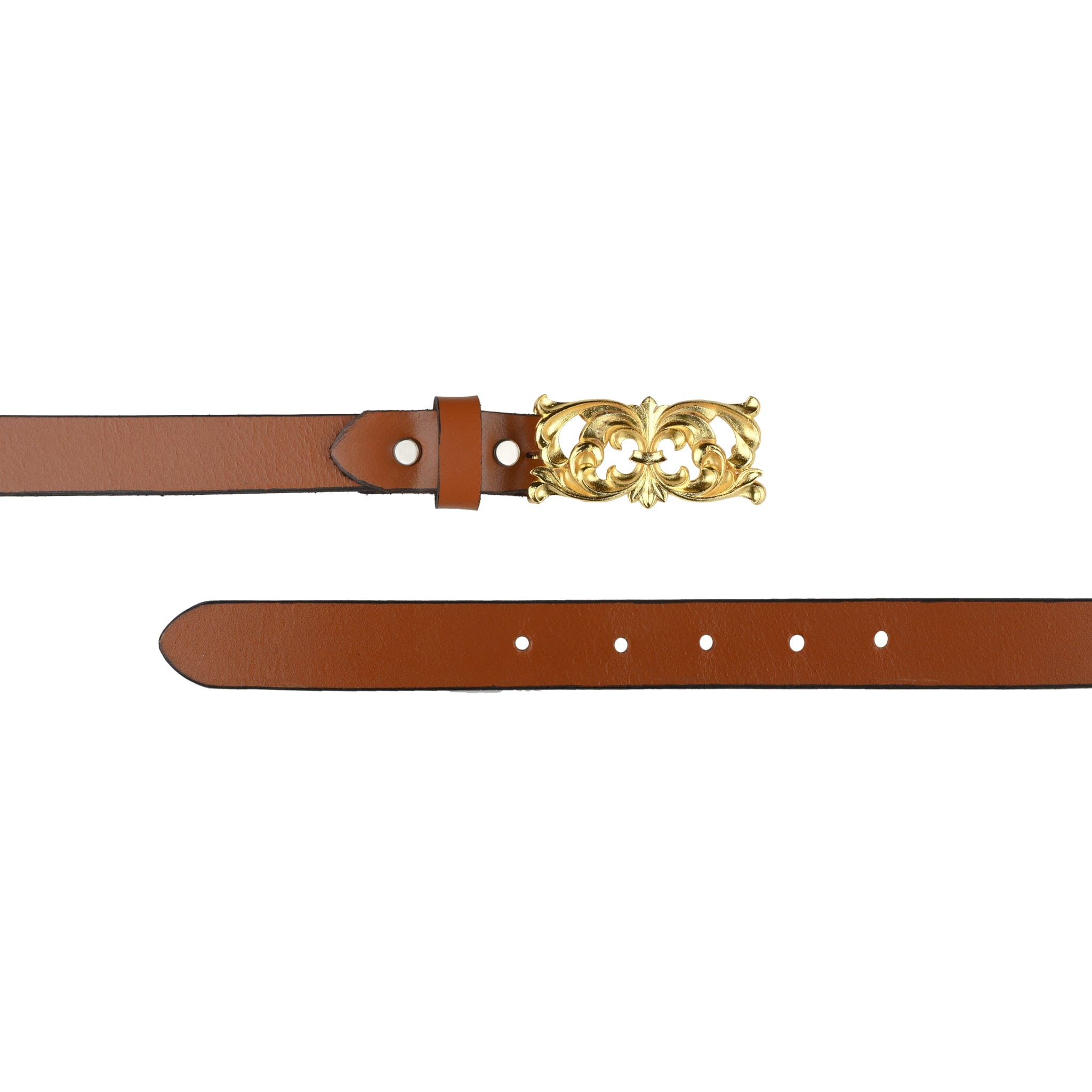 Handcarved Gold Plated Filigree Motif Buckle with Slim leather Belt