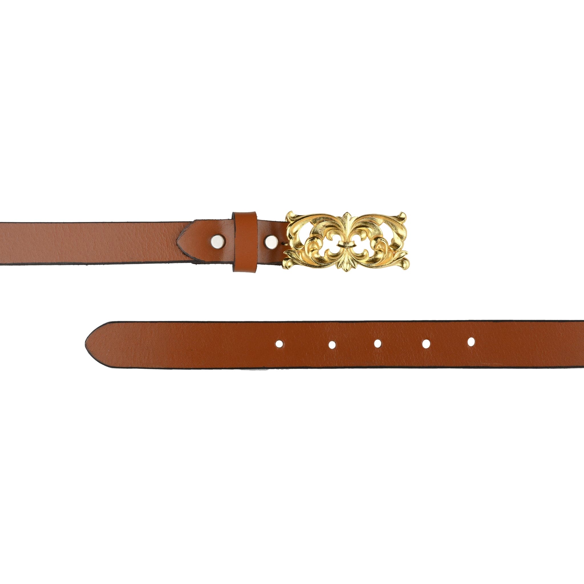 Handcarved Gold Plated Filigree Motif Buckle with Slim leather Belt