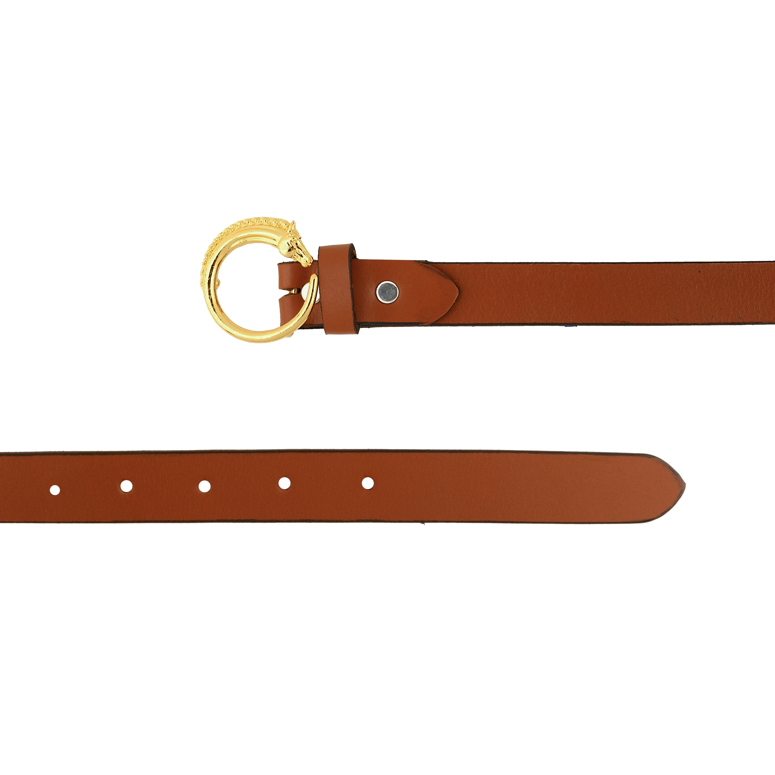 Equestrian Leather Belt with Horse Head Round Gold Plated Buckle