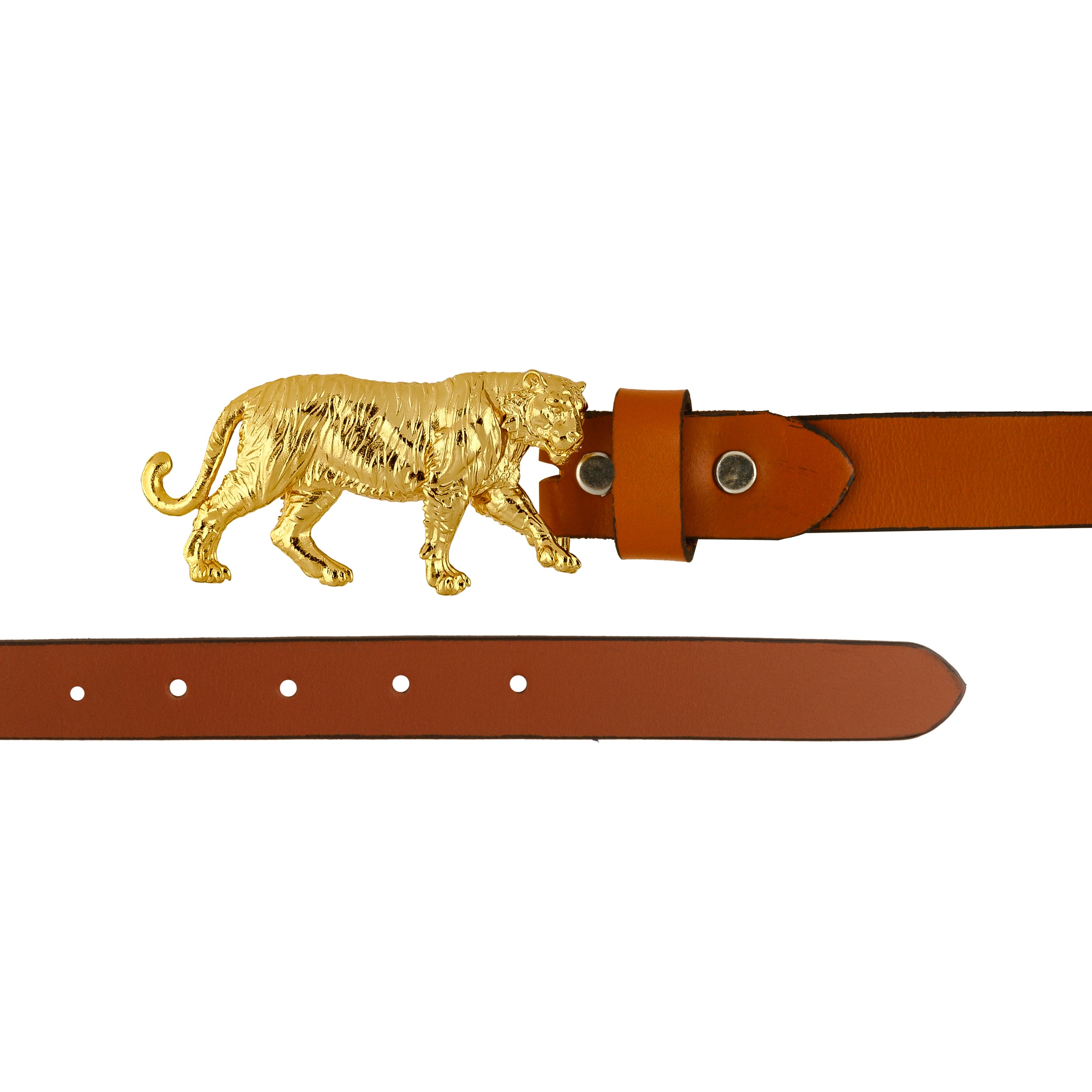 Handcrafted Tiger Motif Gold Plated Leather Belt