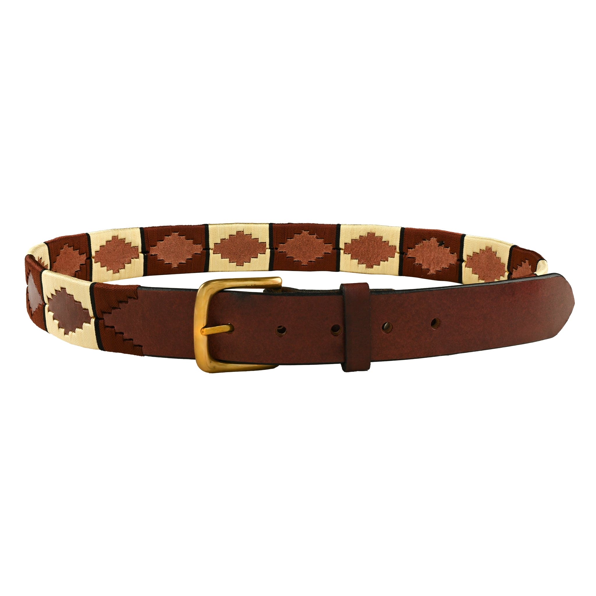 Brown Leather Handmade Polo Gaucho Belt Diamond Pattern Brass Buckle