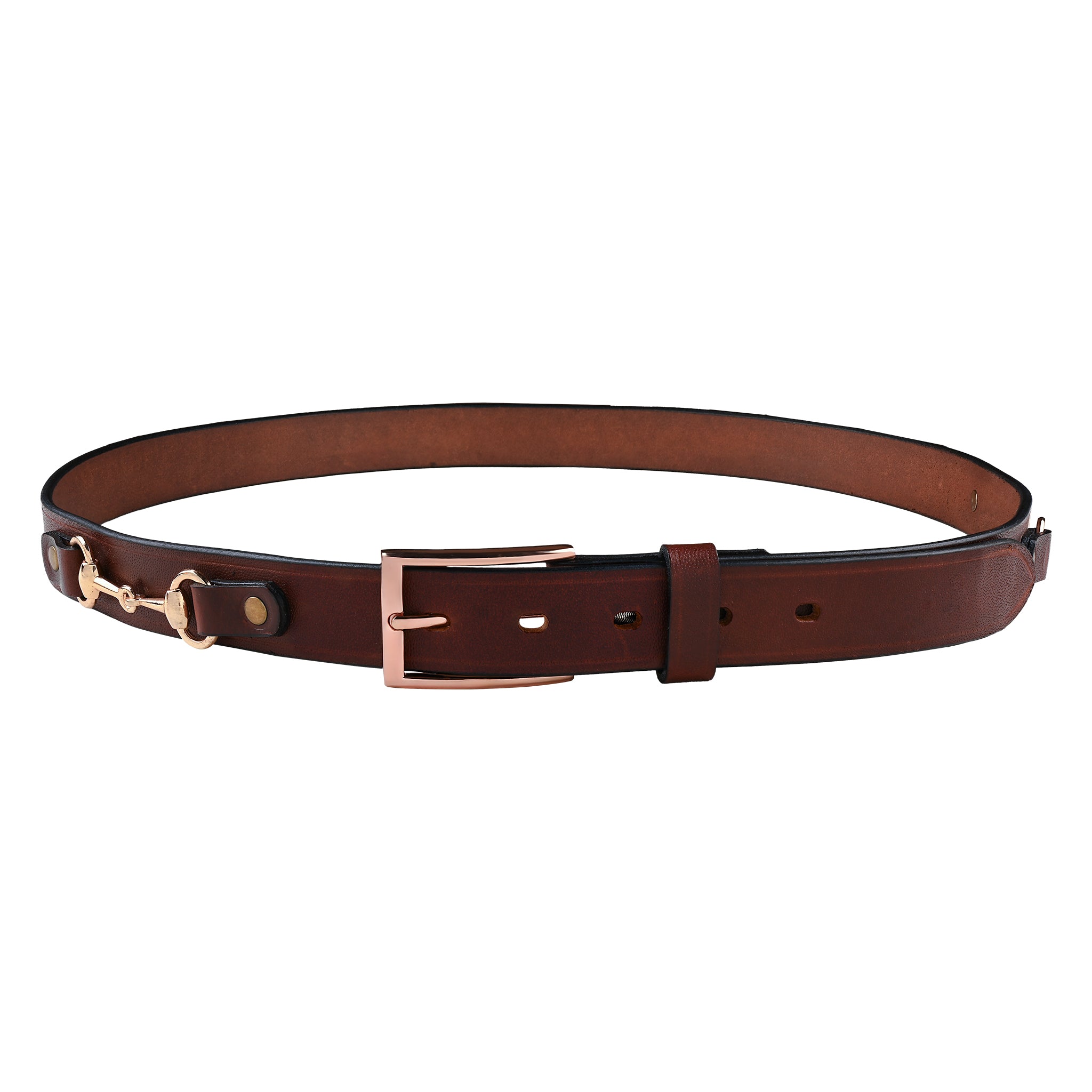 Equestrian Dark Brown Leather Women's Belt with Rose Gold Horse Snaffle Bits