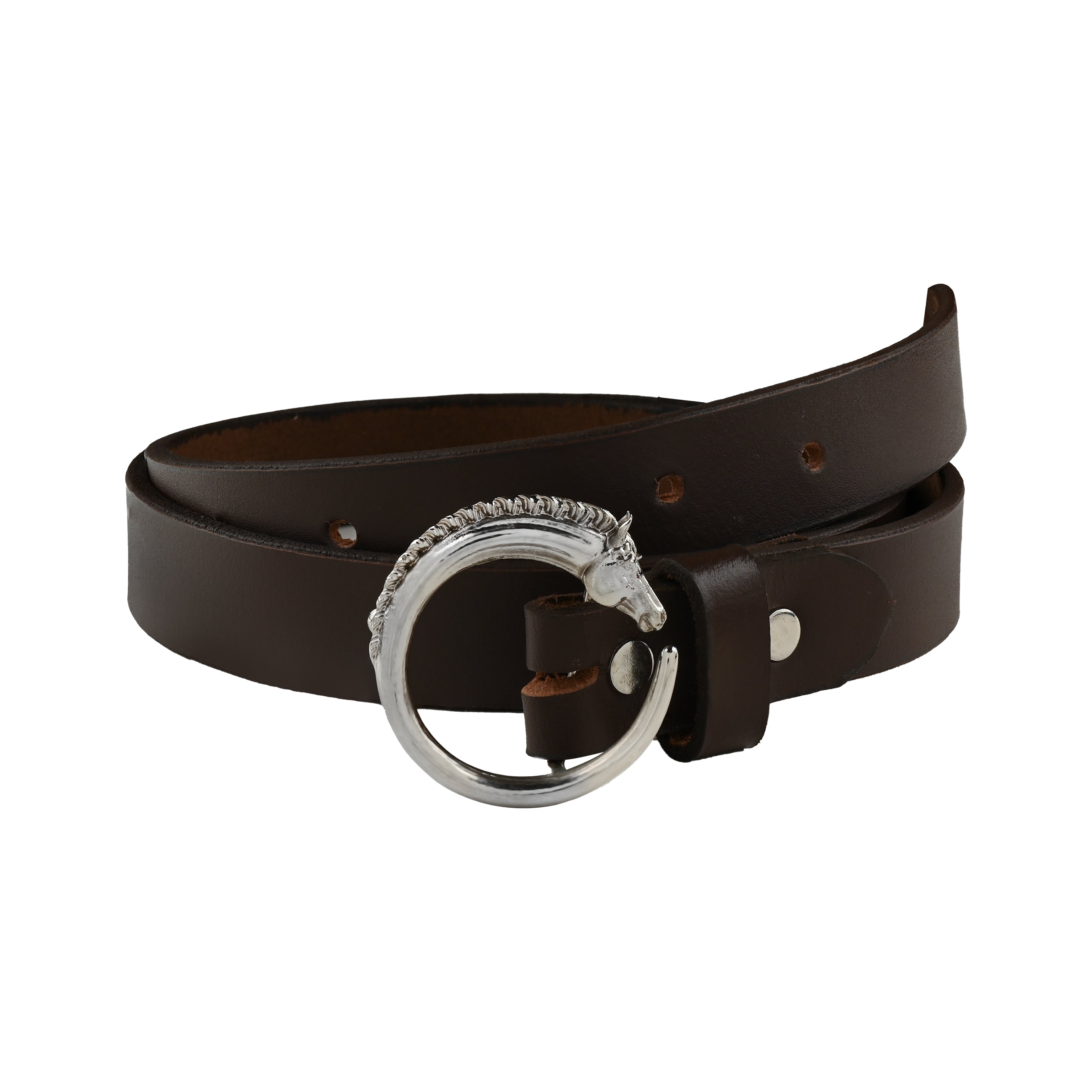 Equestrian Leather Belt with Horse Head Round Silver Plated Buckle