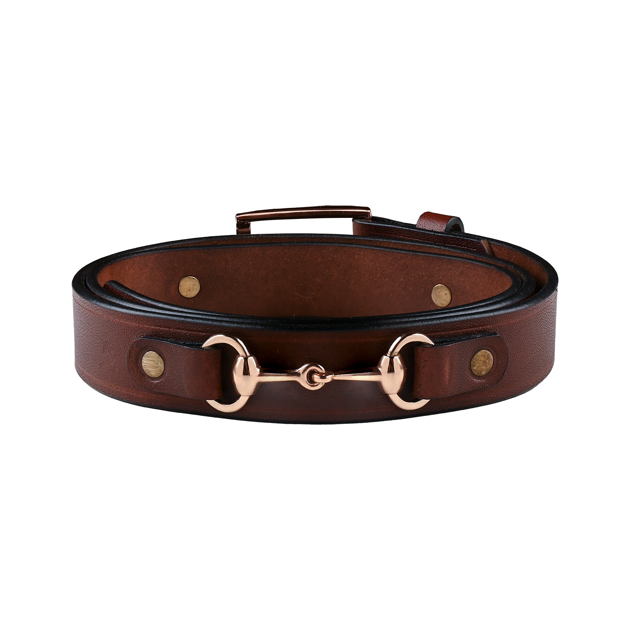 Equestrian Dark Brown Leather Women's Belt with Rose Gold Horse Snaffle Bits