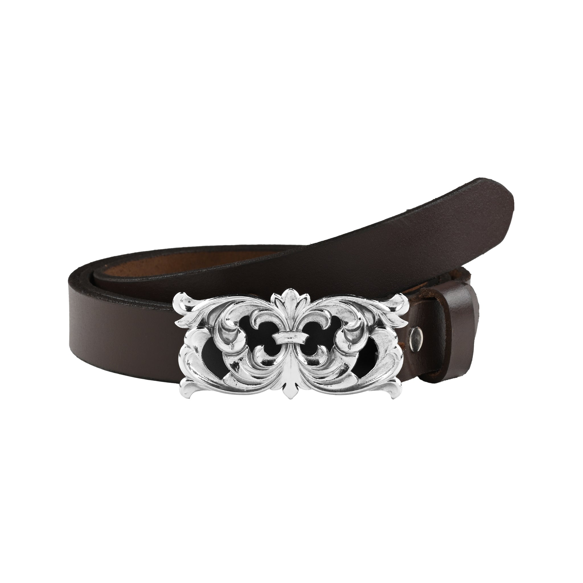 Handcarved Silver Plated Filigree Motif Buckle with Slim leather Belt