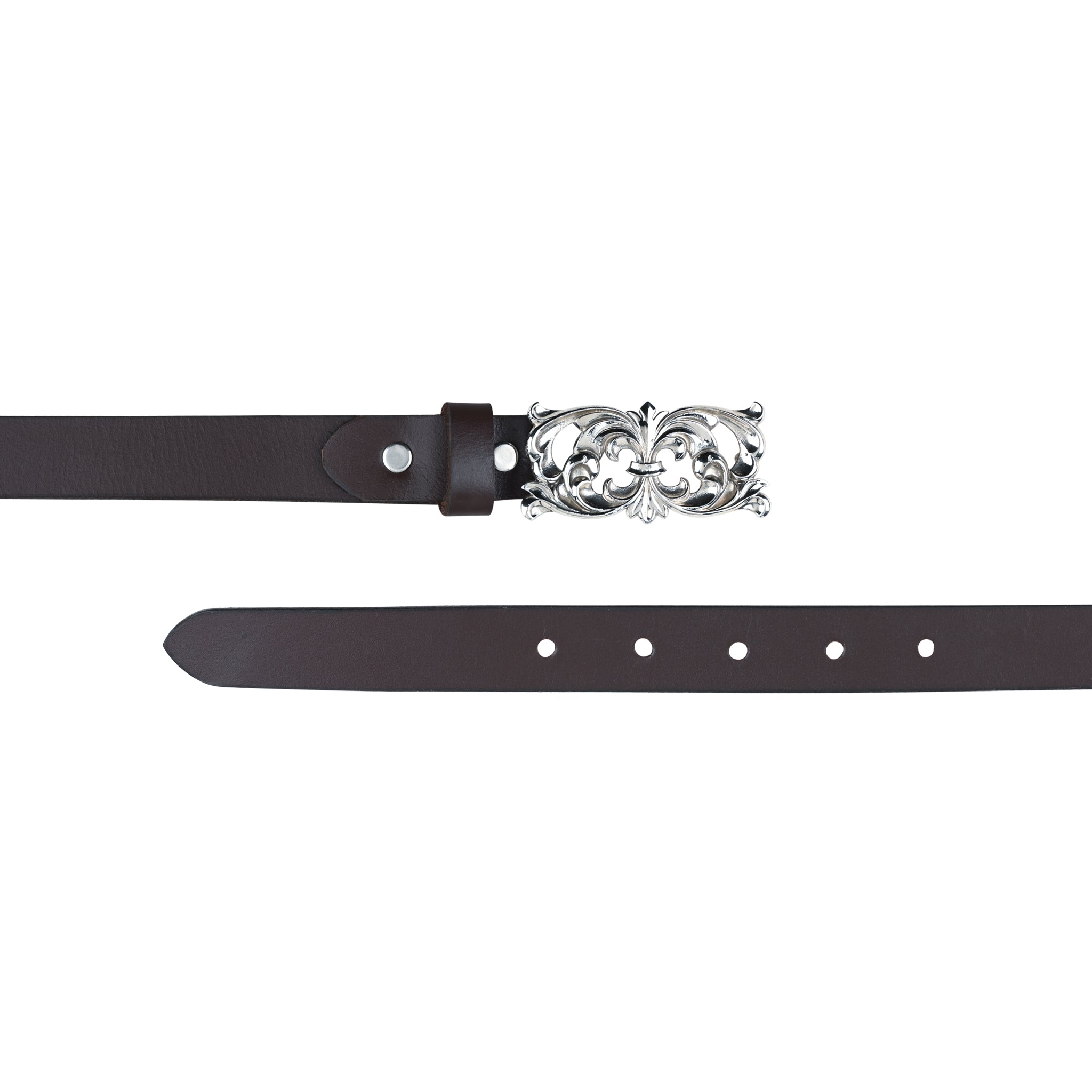 Handcarved Silver Plated Filigree Motif Buckle with Slim leather Belt