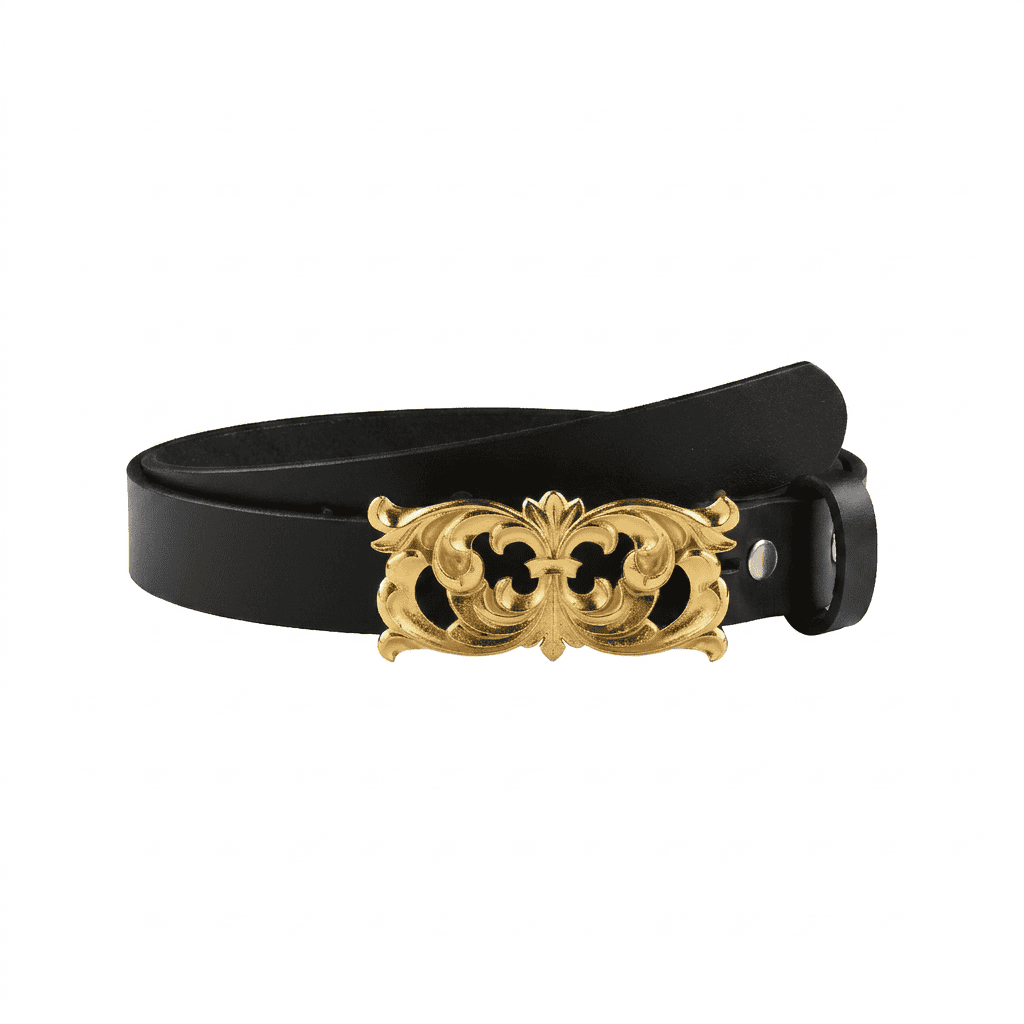 Handcarved Gold Plated Filigree Motif Buckle with Slim leather Belt