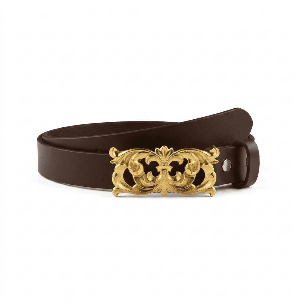 Handcarved Gold Plated Filigree Motif Buckle with Slim leather Belt