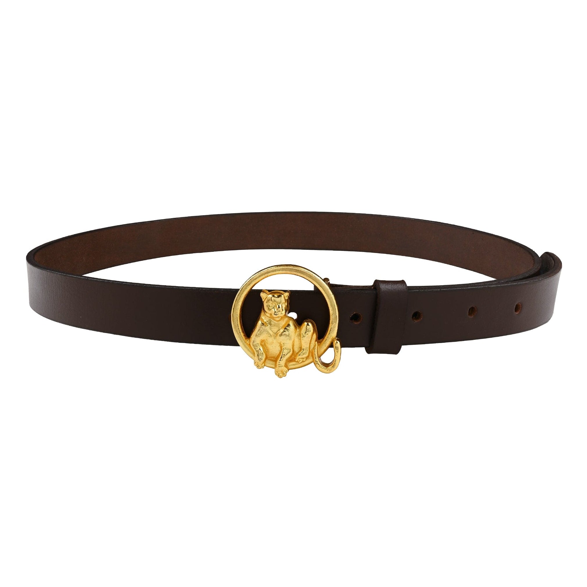 Slim Leather Belt with Gold Plated Leopard Tree Bark Ring Buckle