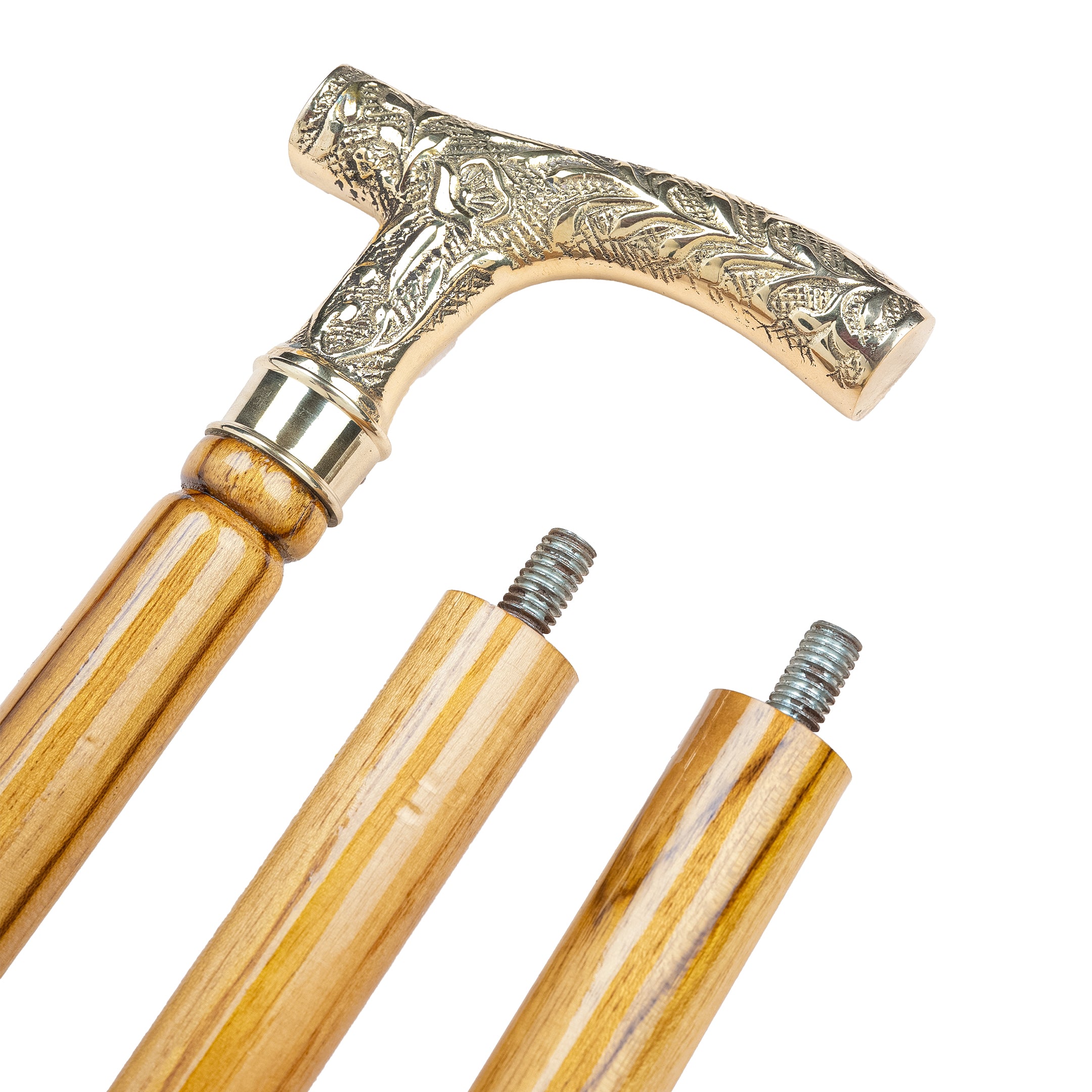 Handcrafted Teak Wood Folding Walking Stick with Ornate Brass T-Handle