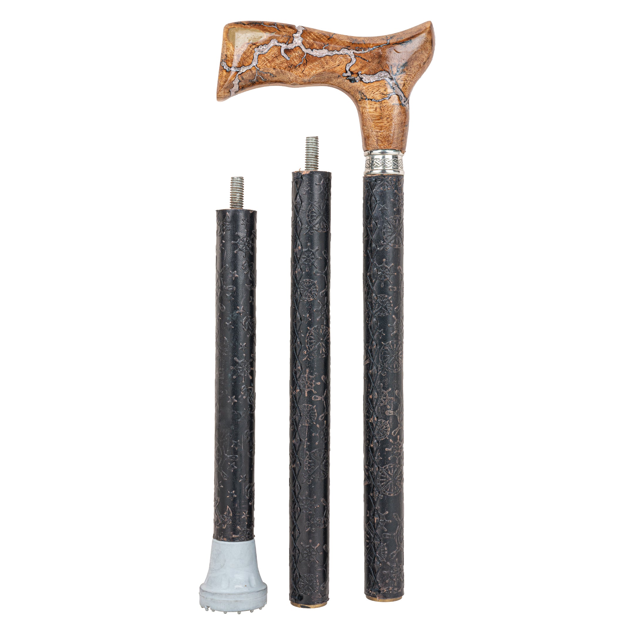 Handcrafted Beechwood Folding Walking Stick with Exotic Wood Derby Handle & Leather Grip