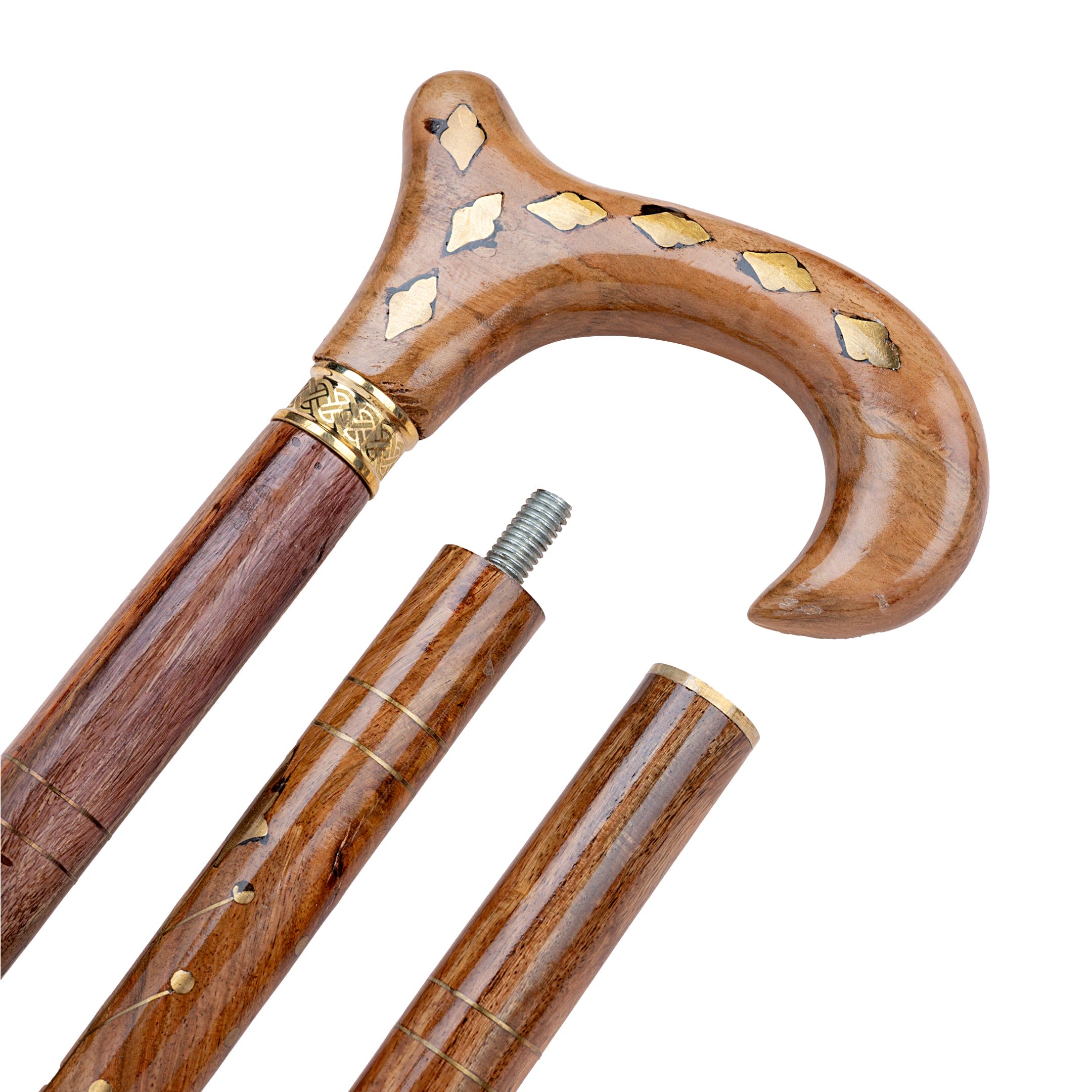 Brass Inlay Handcrafted Indian Rosewood Natural Polish Walking Stick