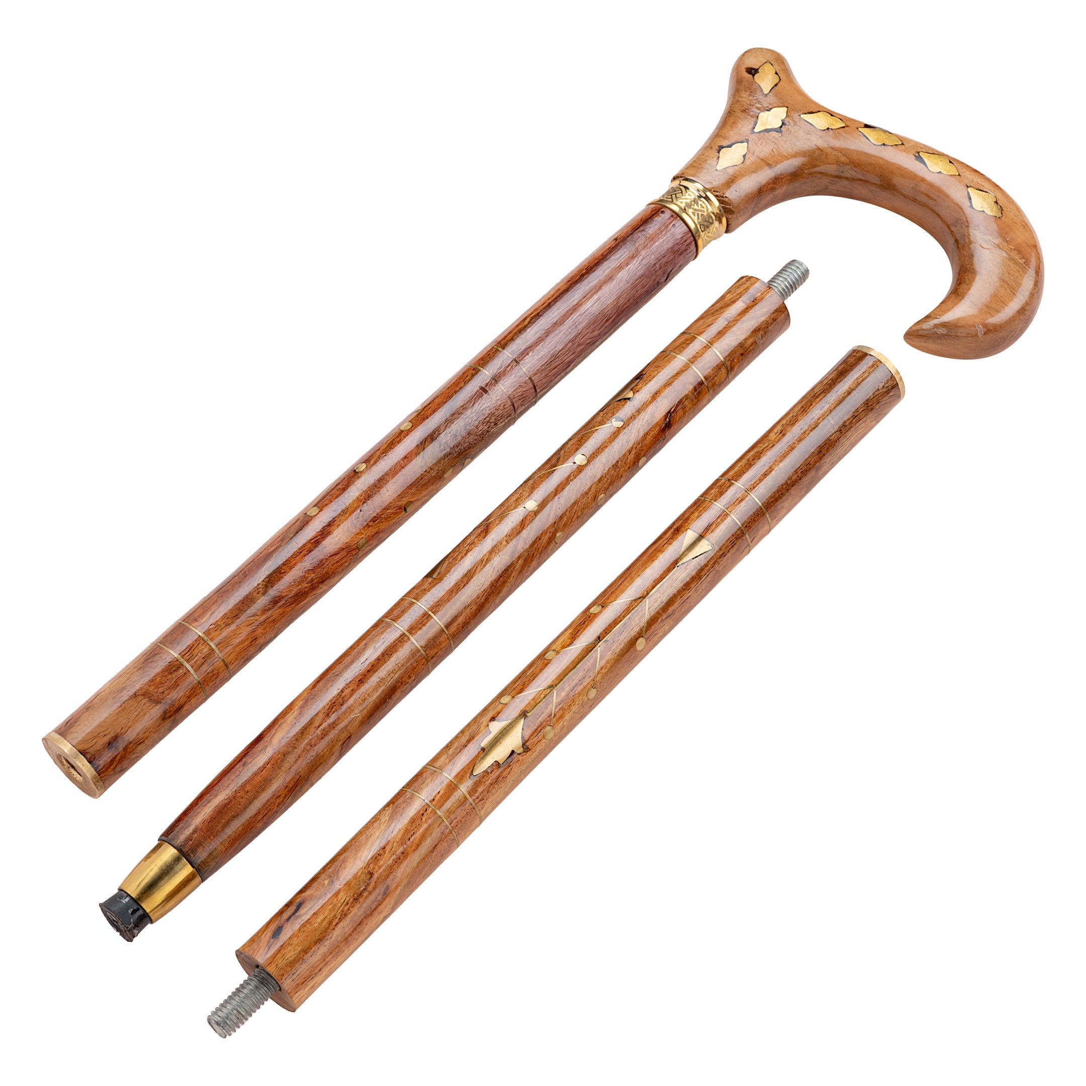 Brass Inlay Handcrafted Indian Rosewood Natural Polish Walking Stick