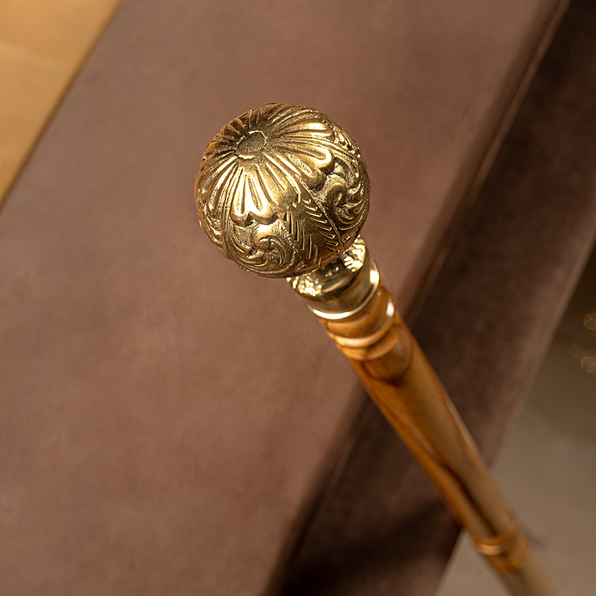 Regal Handcrafted Teak Natural Polish Walking Stick with Ornate Brass Knob Handle