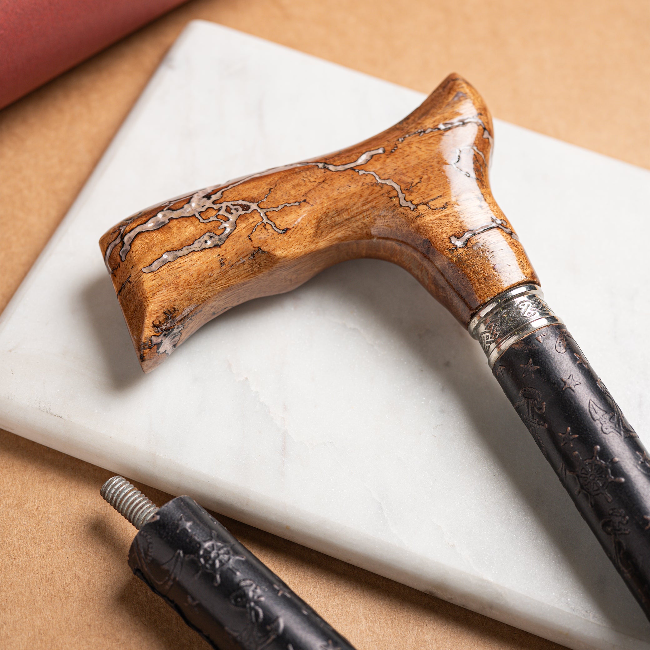 Handcrafted Beechwood Folding Walking Stick with Exotic Wood Derby Handle & Leather Grip