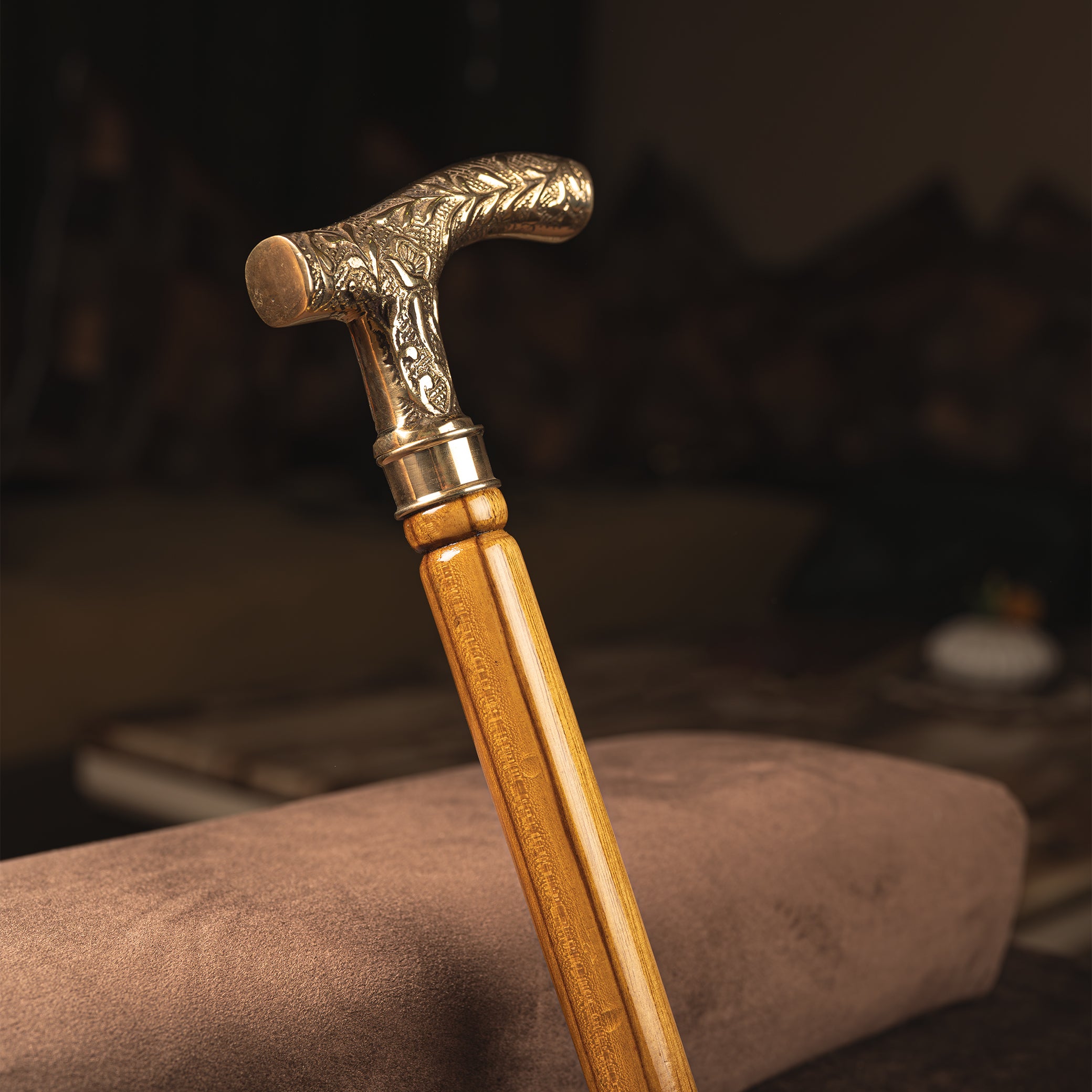 Handcrafted Teak Wood Folding Walking Stick with Ornate Brass T-Handle