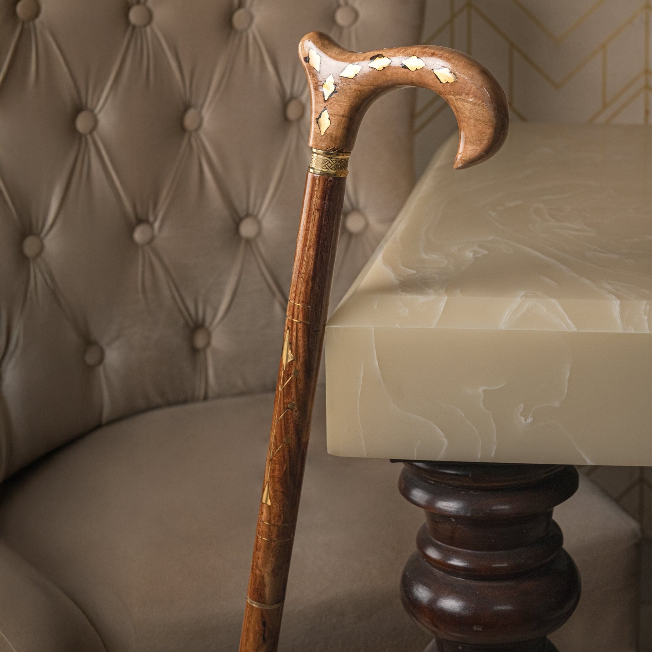 Brass Inlay Handcrafted Indian Rosewood Natural Polish Walking Stick