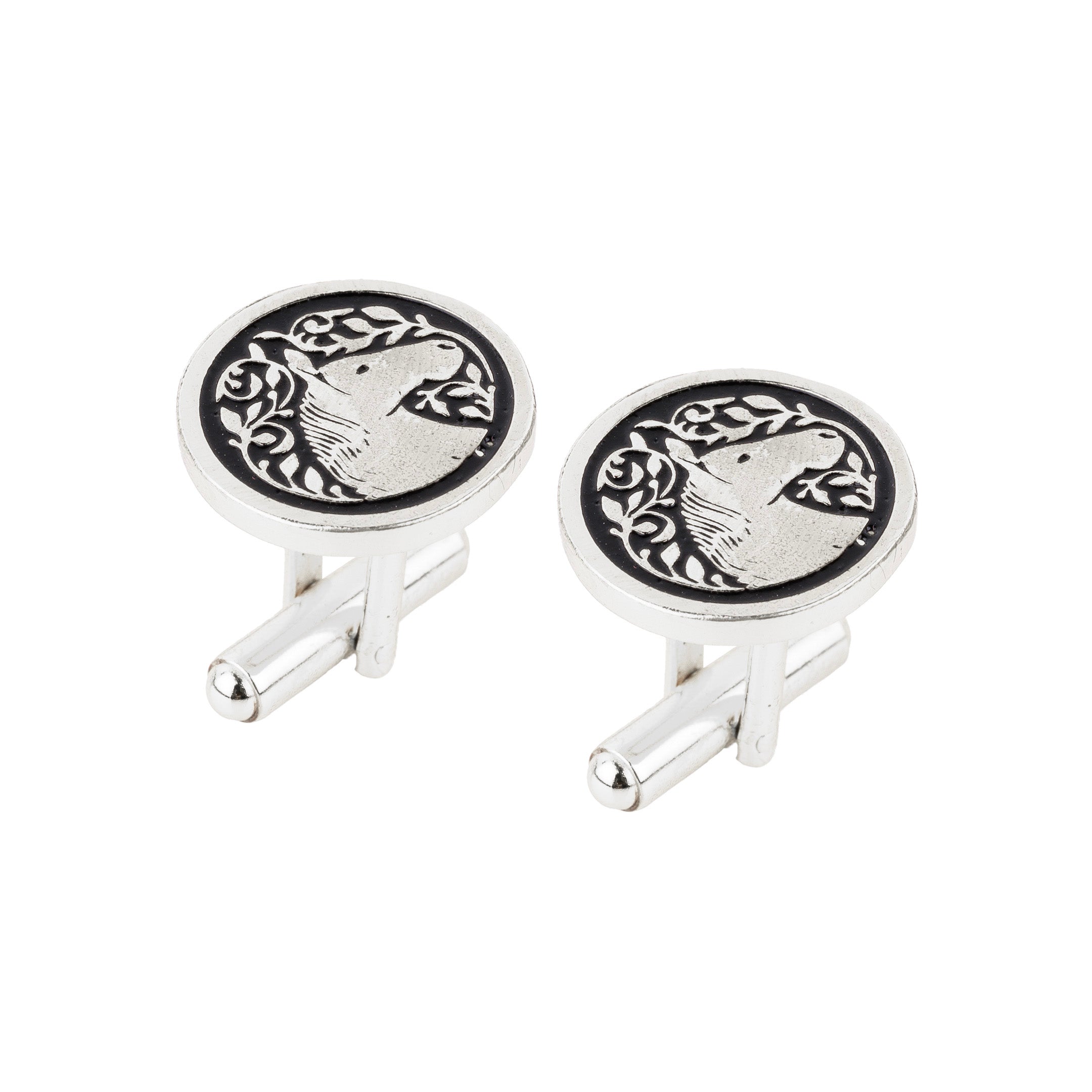 Royal Marwari Horse Black Enamel Silver Plated Cufflinks