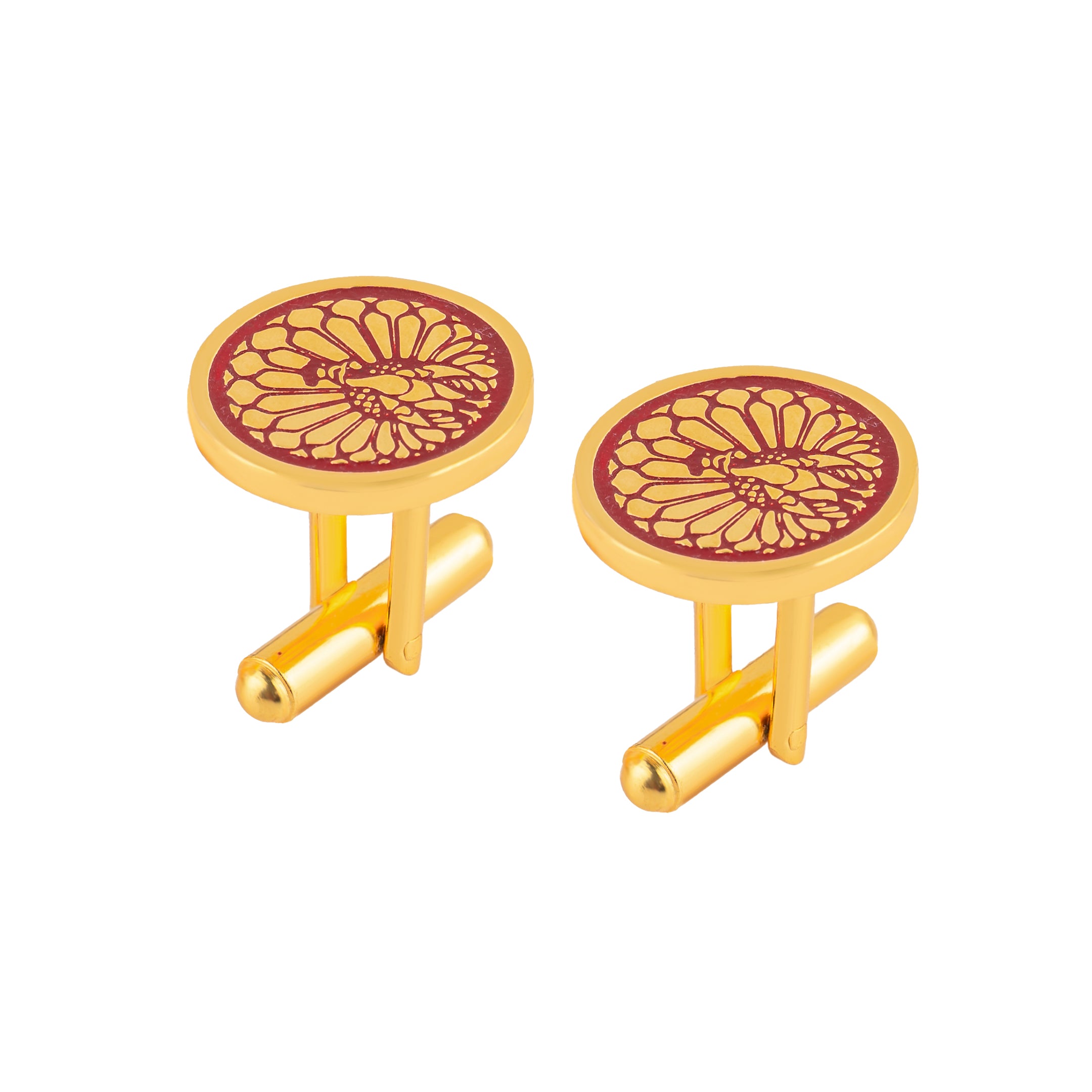 Majestic Indian Peacock Red Enamel Gold Plated Cufflinks