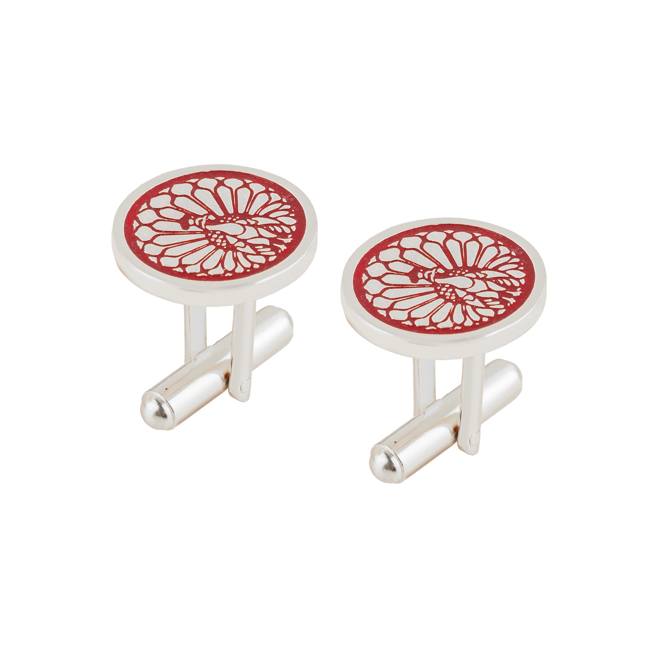 Majestic Indian Peacock Red Enamel Silver Plated Cufflinks