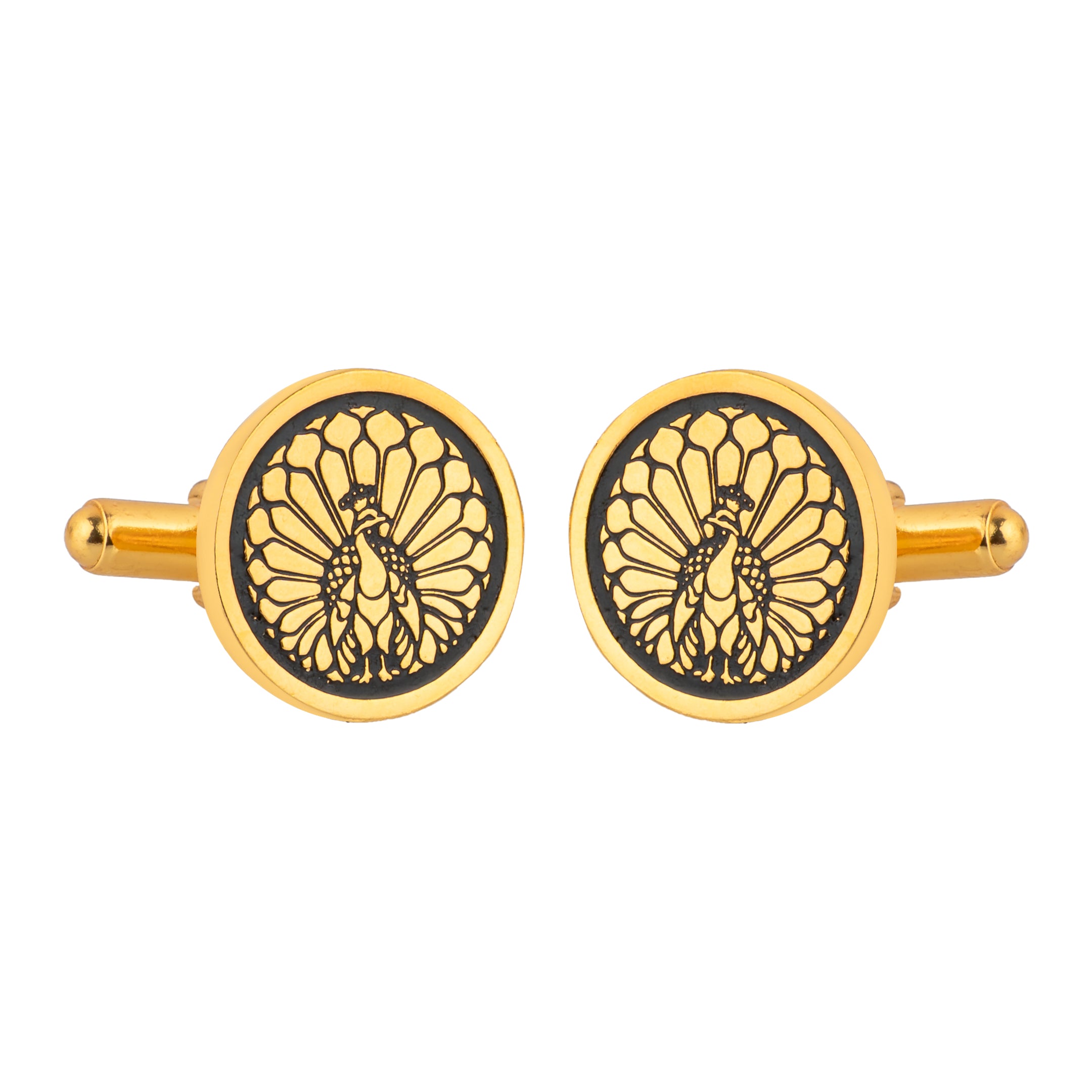 Majestic Indian Peacock Black Enamel Gold Plated Cufflinks