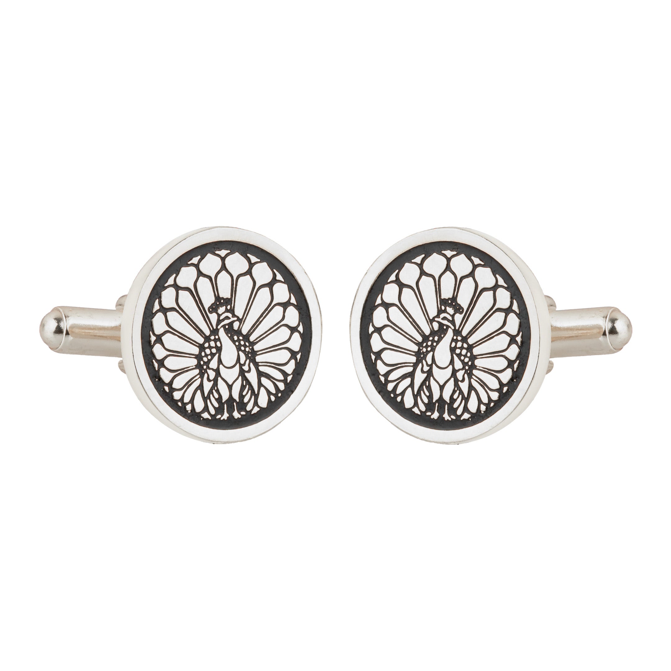 Majestic Indian Peacock Black Enamel Silver Plated Cufflinks