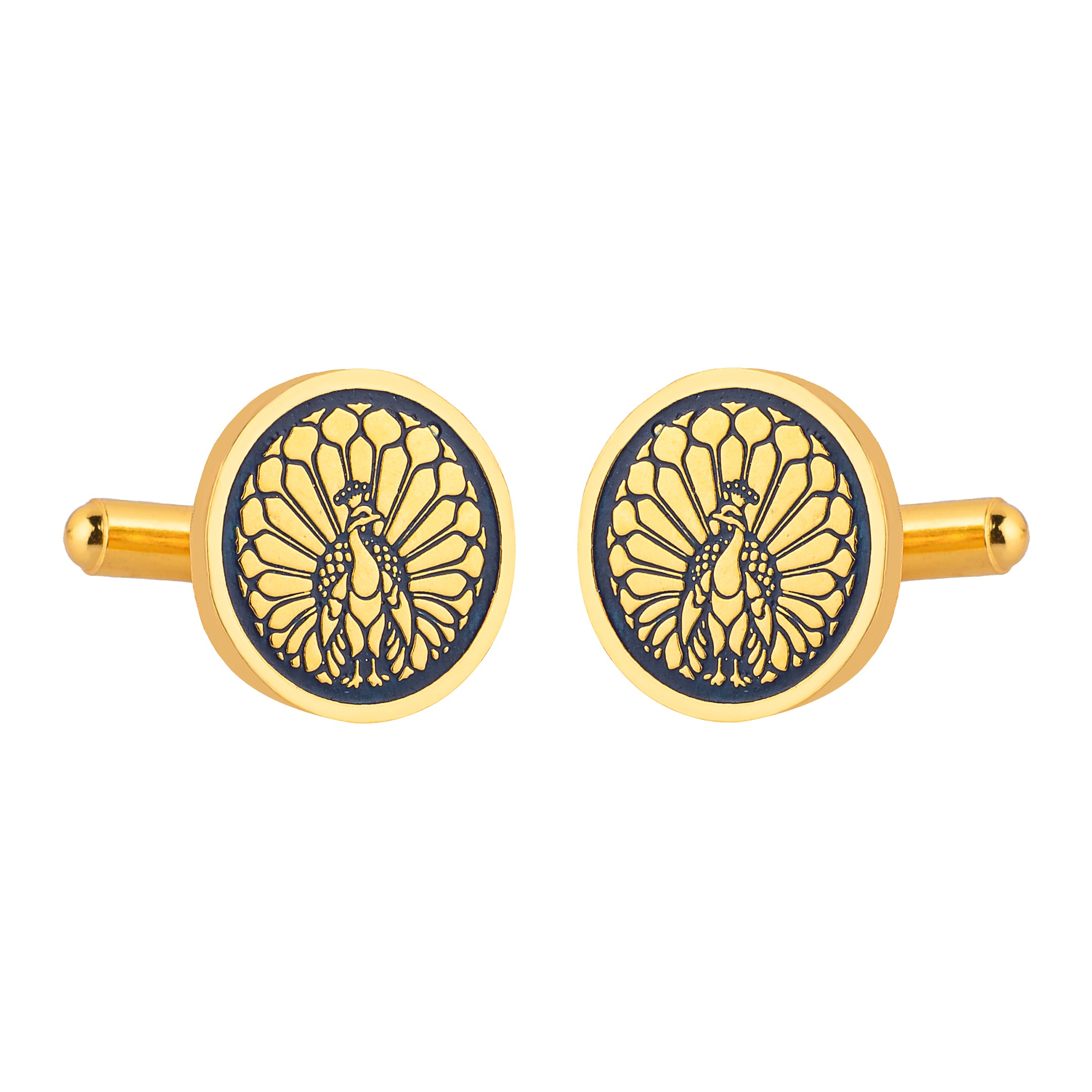 Majestic Indian Peacock Blue Enamel Gold Plated Cufflinks