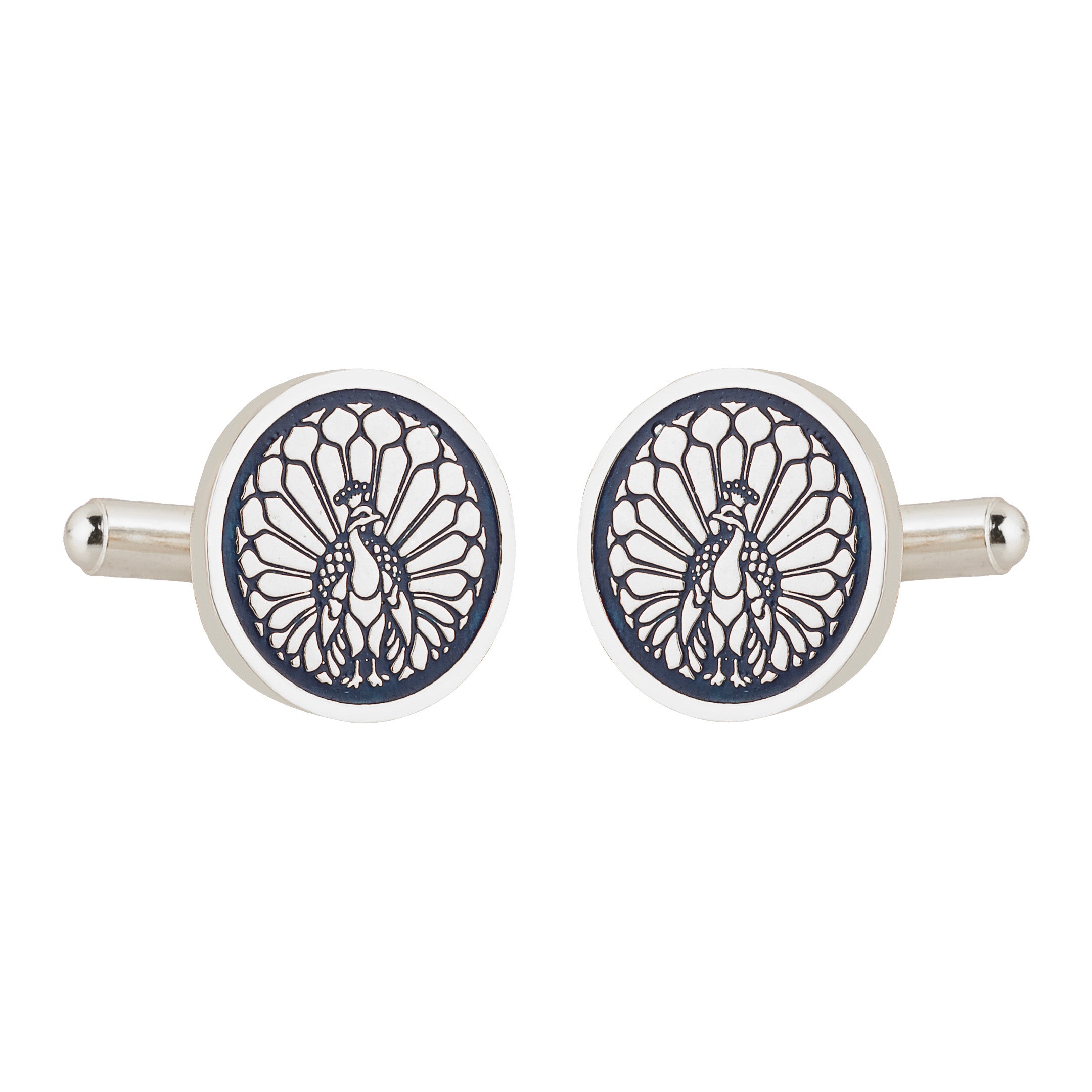 Majestic Indian Peacock Blue Enamel Silver Plated Cufflinks