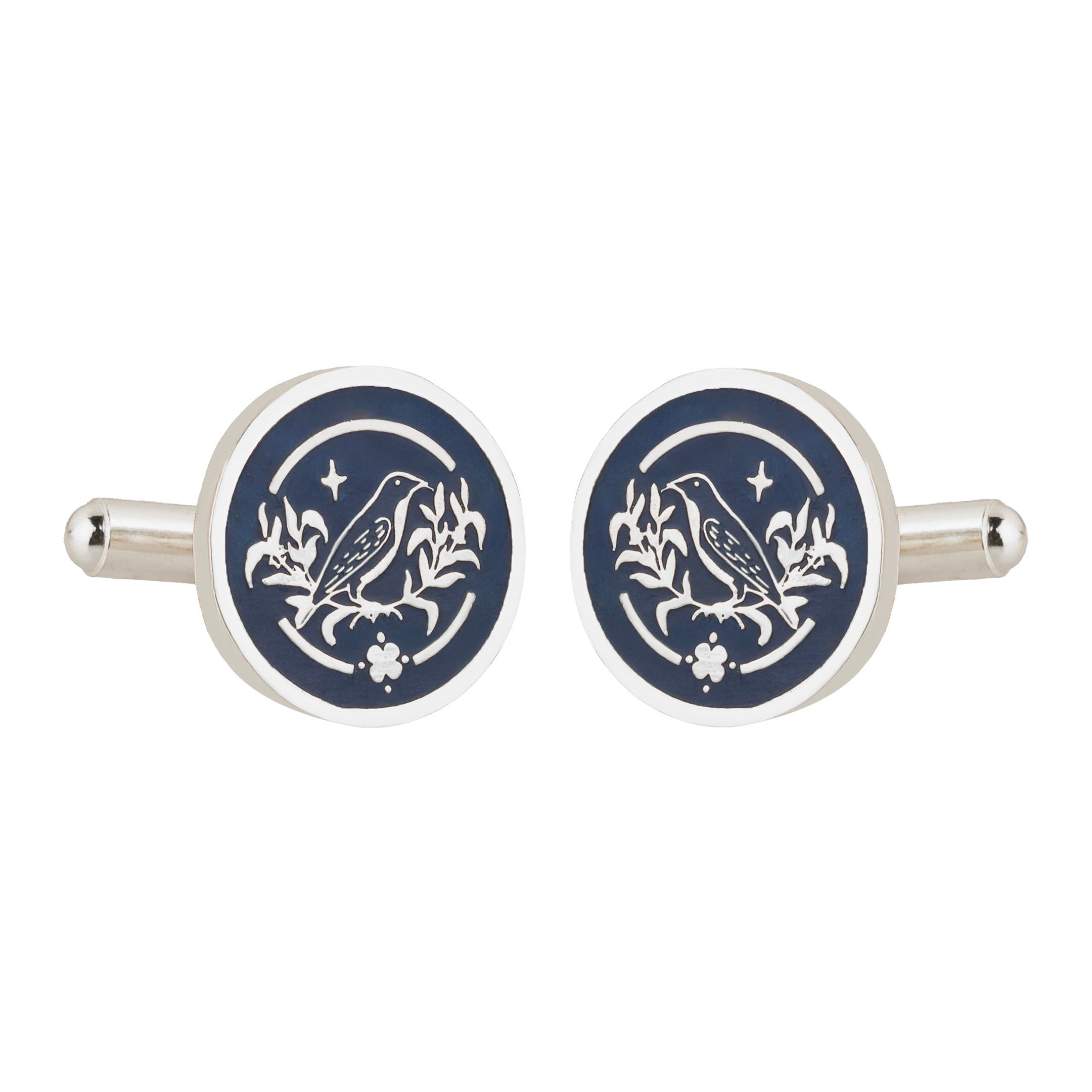Sparrow Lush Flora Blue Enamel Silver Plated Cufflinks