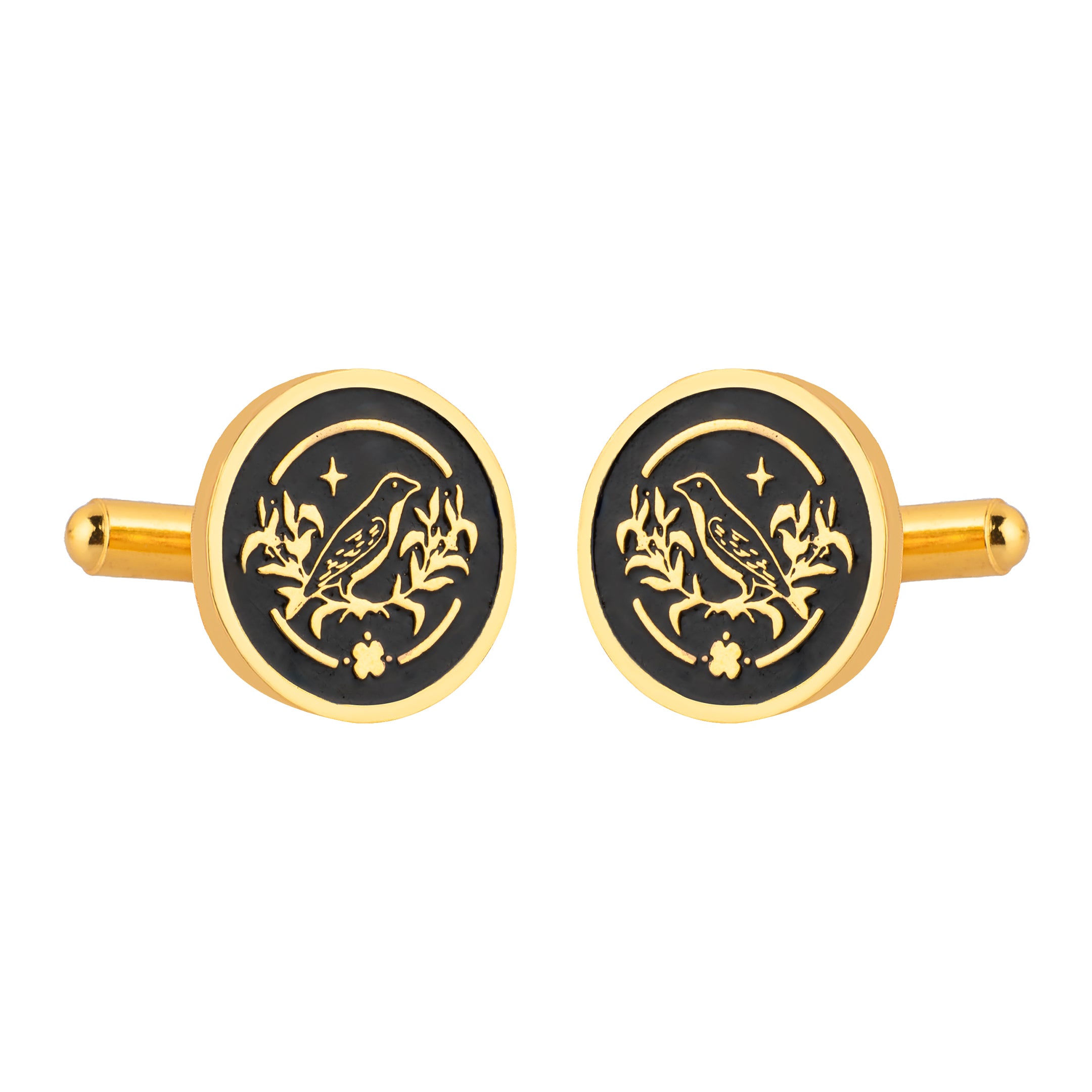 Sparrow Lush Flora Black Enamel Gold Plated Cufflinks