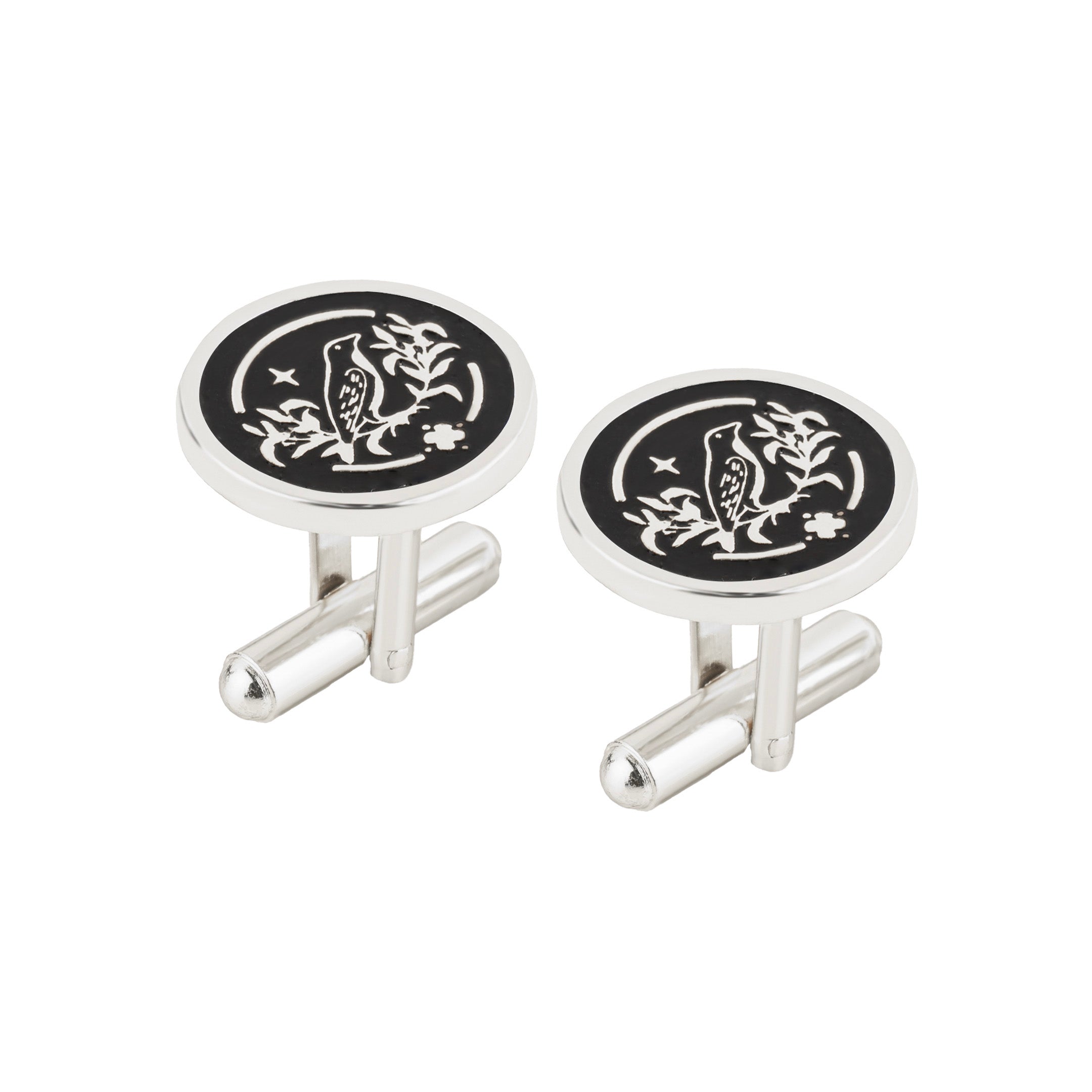 Sparrow Lush Flora Black Enamel Silver Plated Cufflinks