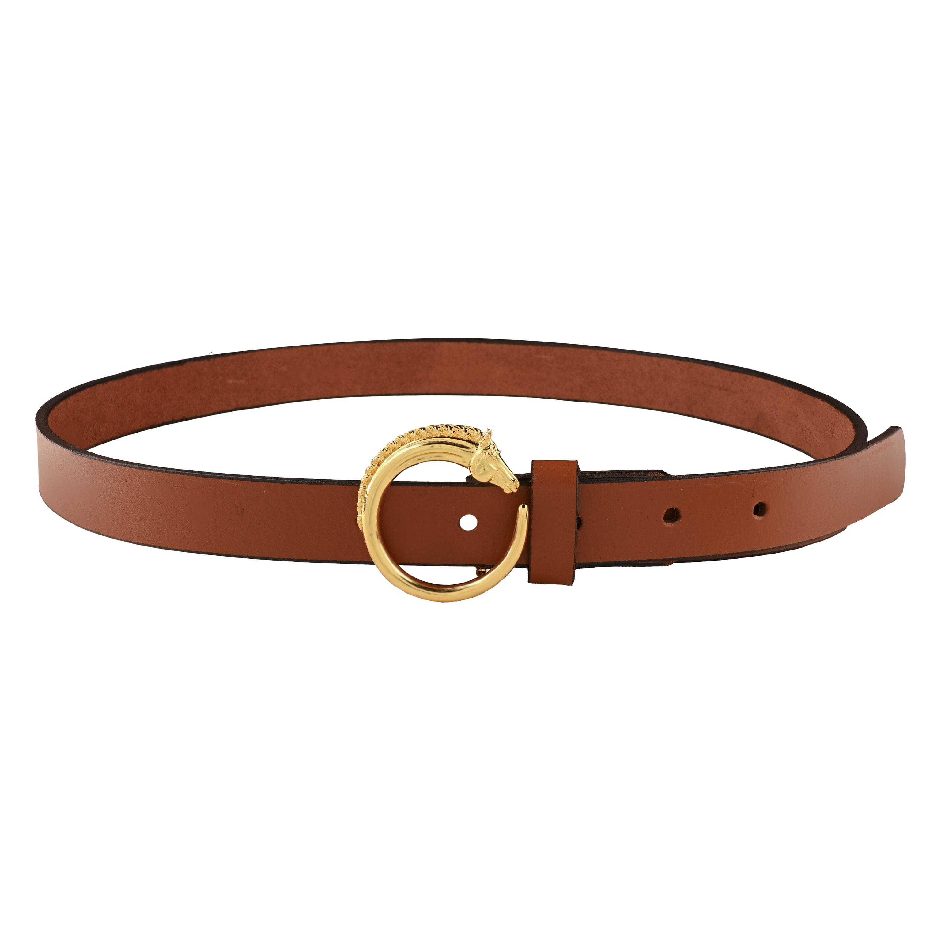 Equestrian Leather Belt with Horse Head Round Gold Plated Buckle