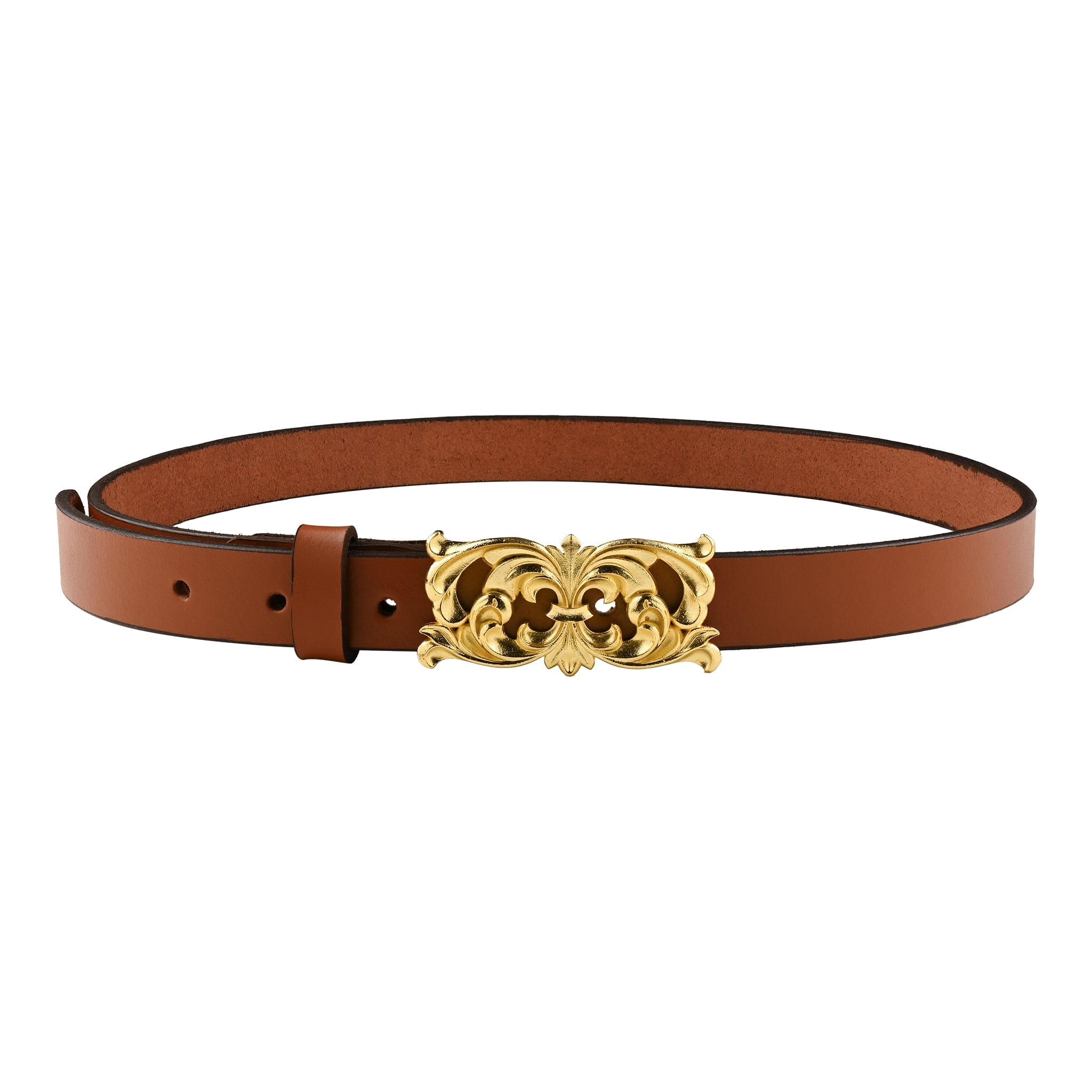 Handcarved Gold Plated Filigree Motif Buckle with Slim leather Belt