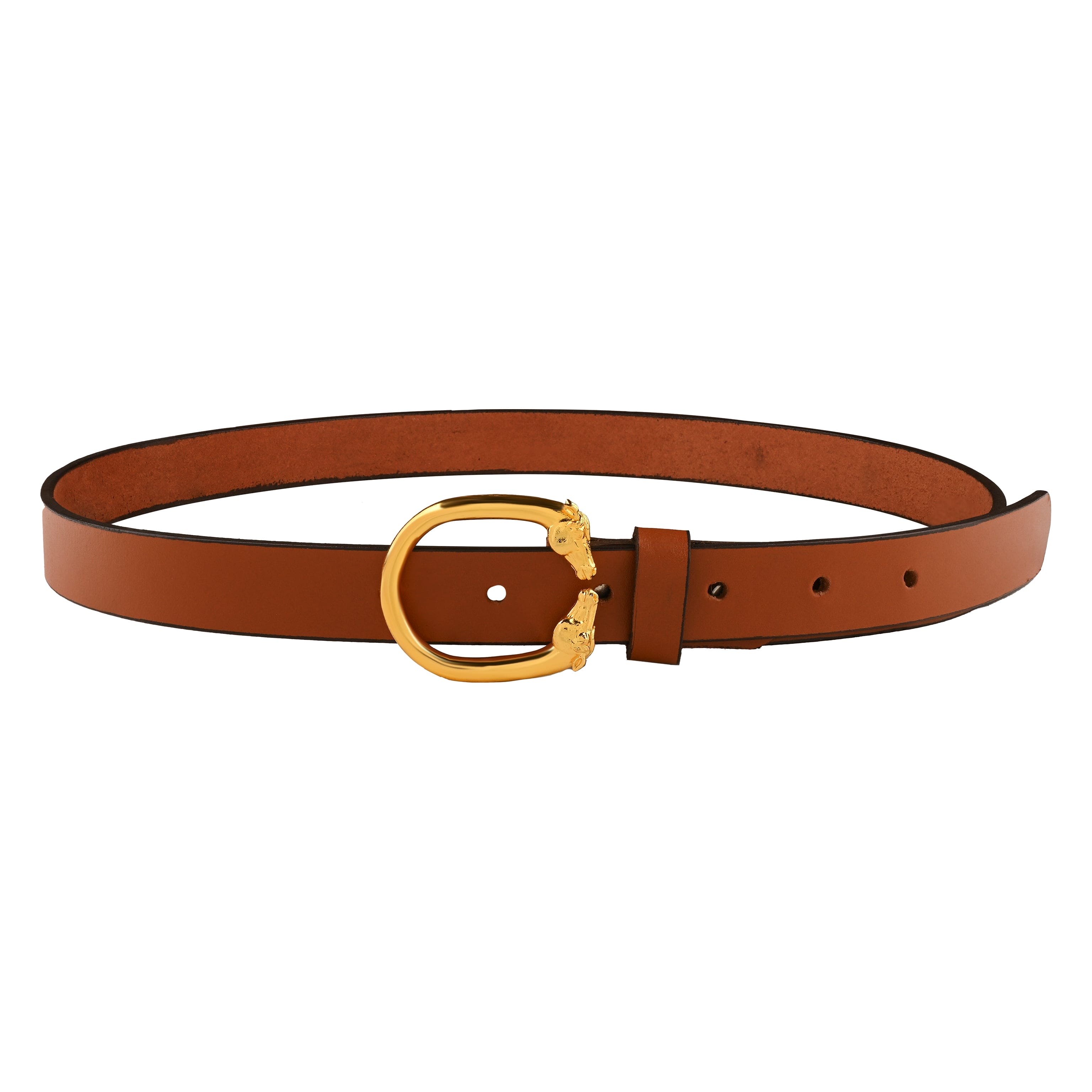 Vintage Leather Belt with Dual Horse Head Oval Gold Plated Buckle