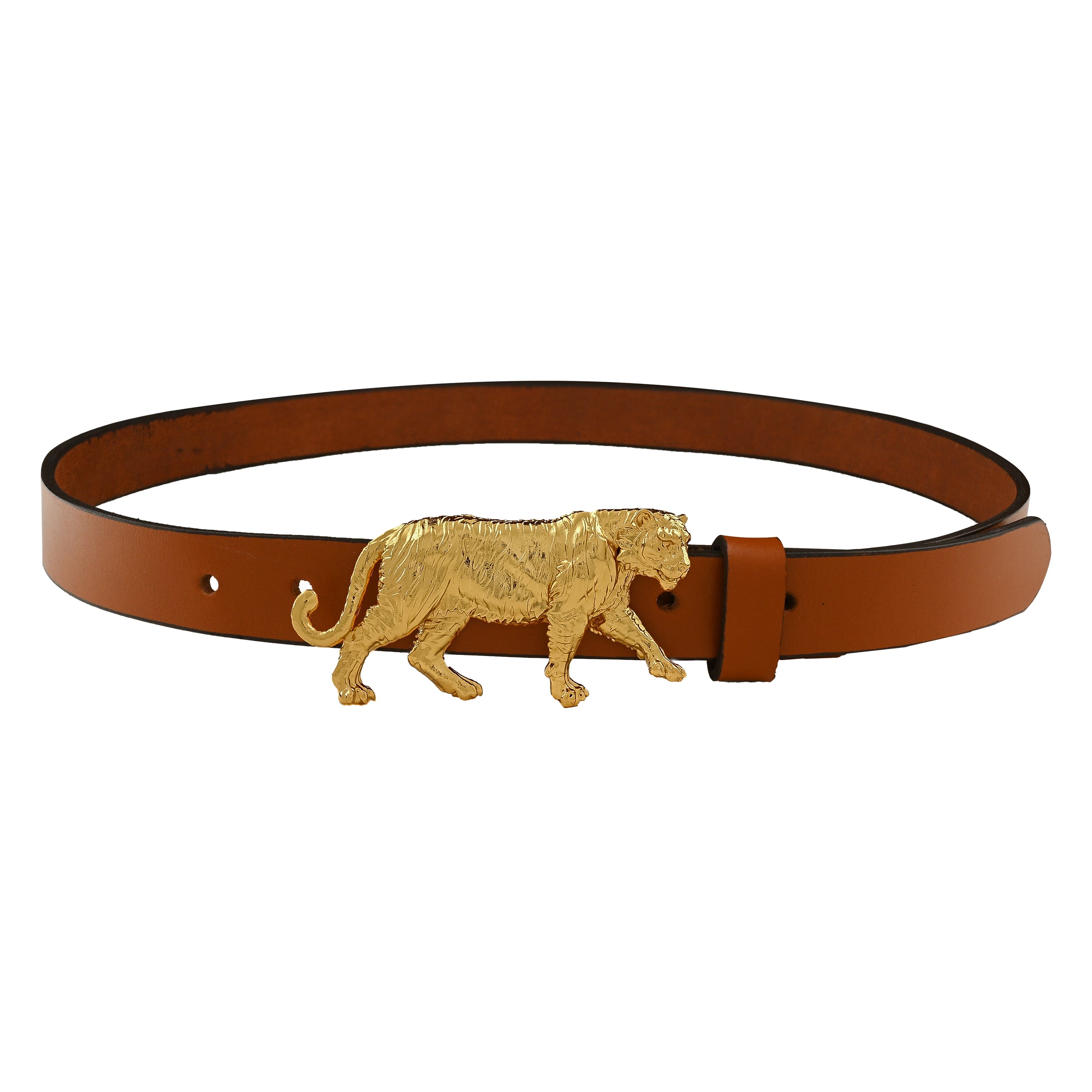 Handcrafted Tiger Motif Gold Plated Leather Belt