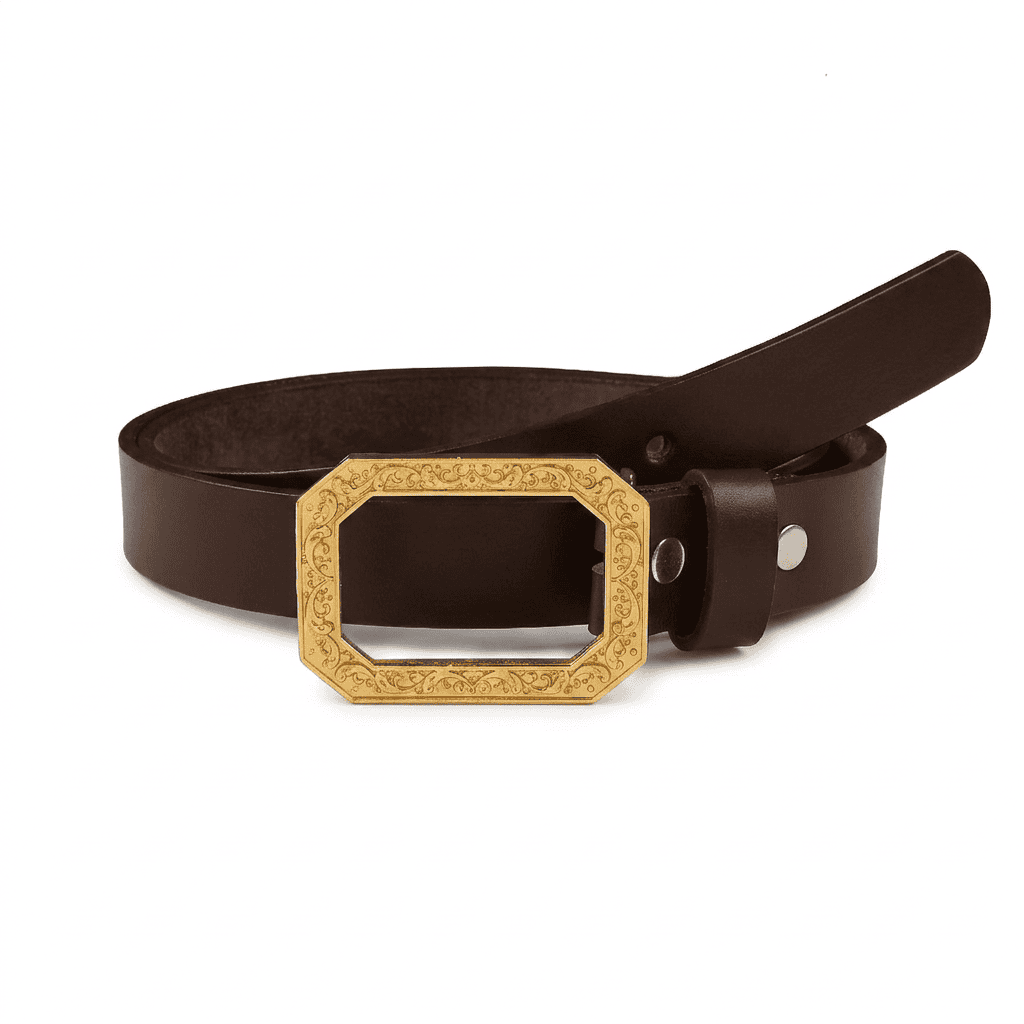 Handcrafted Ornate Frame Gold Plated Buckle with Leather Belt