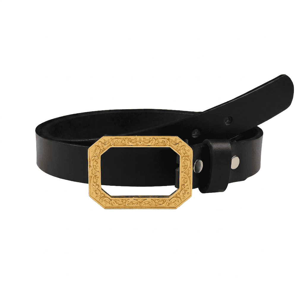 Handcrafted Ornate Frame Gold Plated Buckle with Leather Belt